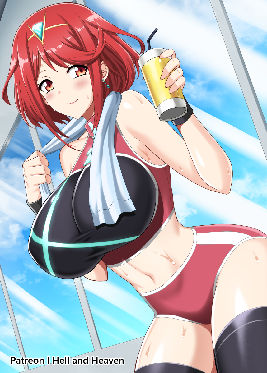 1girls, 2022, artist signature, bangs, bloomers, booty shorts, breasts, buruma, female, hellandheaven, hips, huge breasts, leaning forward, midriff, nintendo, patreon username, pyra, red eyes, red hair, short hair, short shorts, shorts, skindentation, slim waist, sport shorts, sportswear, swept bangs, tank top, thick thighs, thighhighs, thighs, wide hips, workout clothes, xenoblade (series), xenoblade chronicles 2
