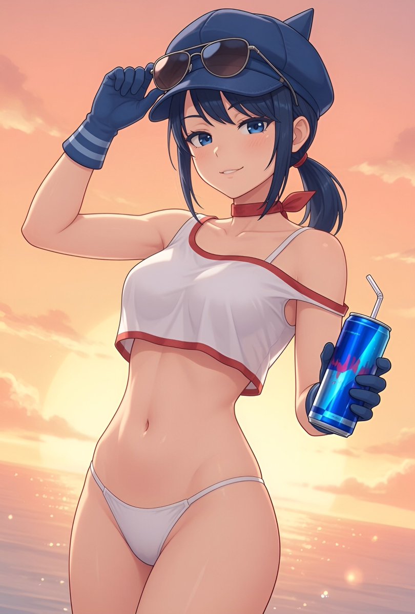 1female, 1girl, 1girls, ai generated, aluminum can, background, blue cape, blue eyes, blue gloves, bra, cape, cappie (miside), cool mita (miside), female, female focus, female only, game character, glasses, gloves, light skin, light-skinned female, miside, panties, red bull, sunglasses, white body, white bra, white panties, white shirt, white skin