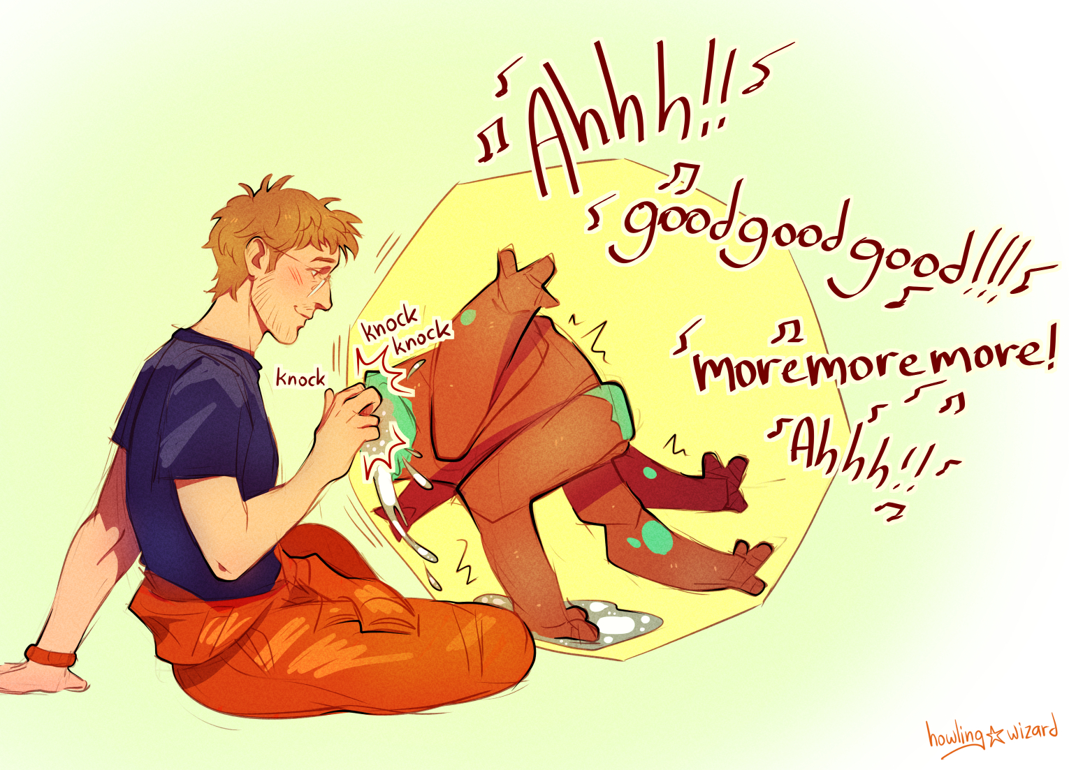 alien, begging, english text, fully clothed, hamster ball, howling wizard, impact play, leaking, male, project hail mary, rocky (project hail mary), ryland grace, smiling, xenophilia
