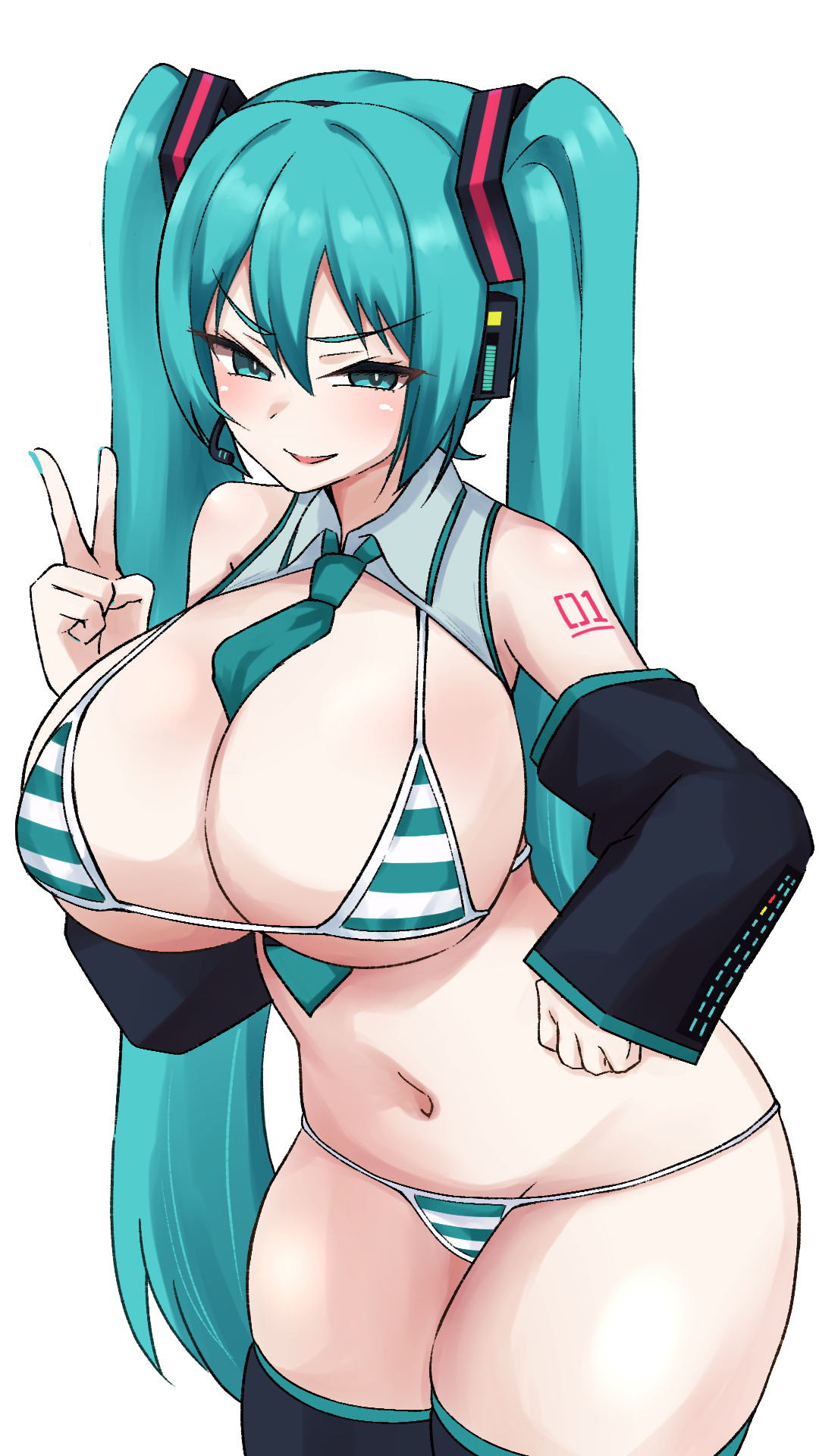 aqua nails, blush, breasts, cleavage, collared bikini, female, female only, hand on hip, hatsune miku, hatsune miku (collared bikini), huge breasts, mature, naughty face, open mouth, smile, thick thighs, thighhighs, v, v-shaped eyebrows, vocaloid, wide hips