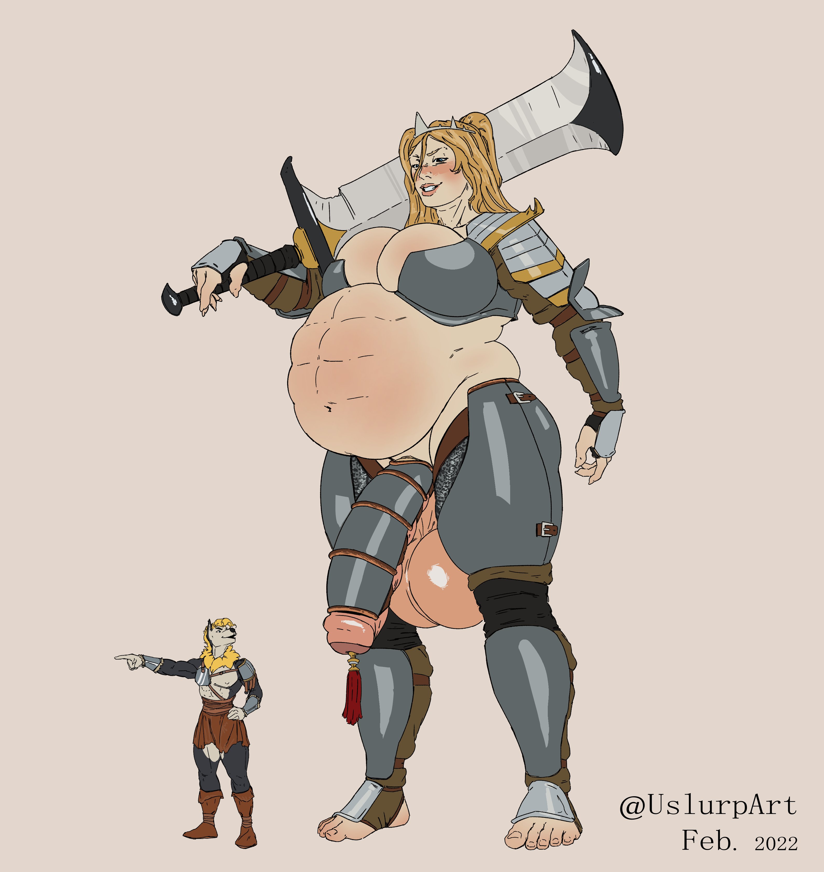 abs, anthro, armor, balls, belly, big belly, big breasts, bloated, bloated belly, breasts, cleavage, female, furry, futanari, giantess, huge balls, huge breasts, huge cock, human, intersex, large female, larger futa, light skin, light-skinned futa, mini giantess, musclegut, muscular, muscular futa, penis, size difference, standing, strongfat, sword, urethral insertion, uslurpart, warrior