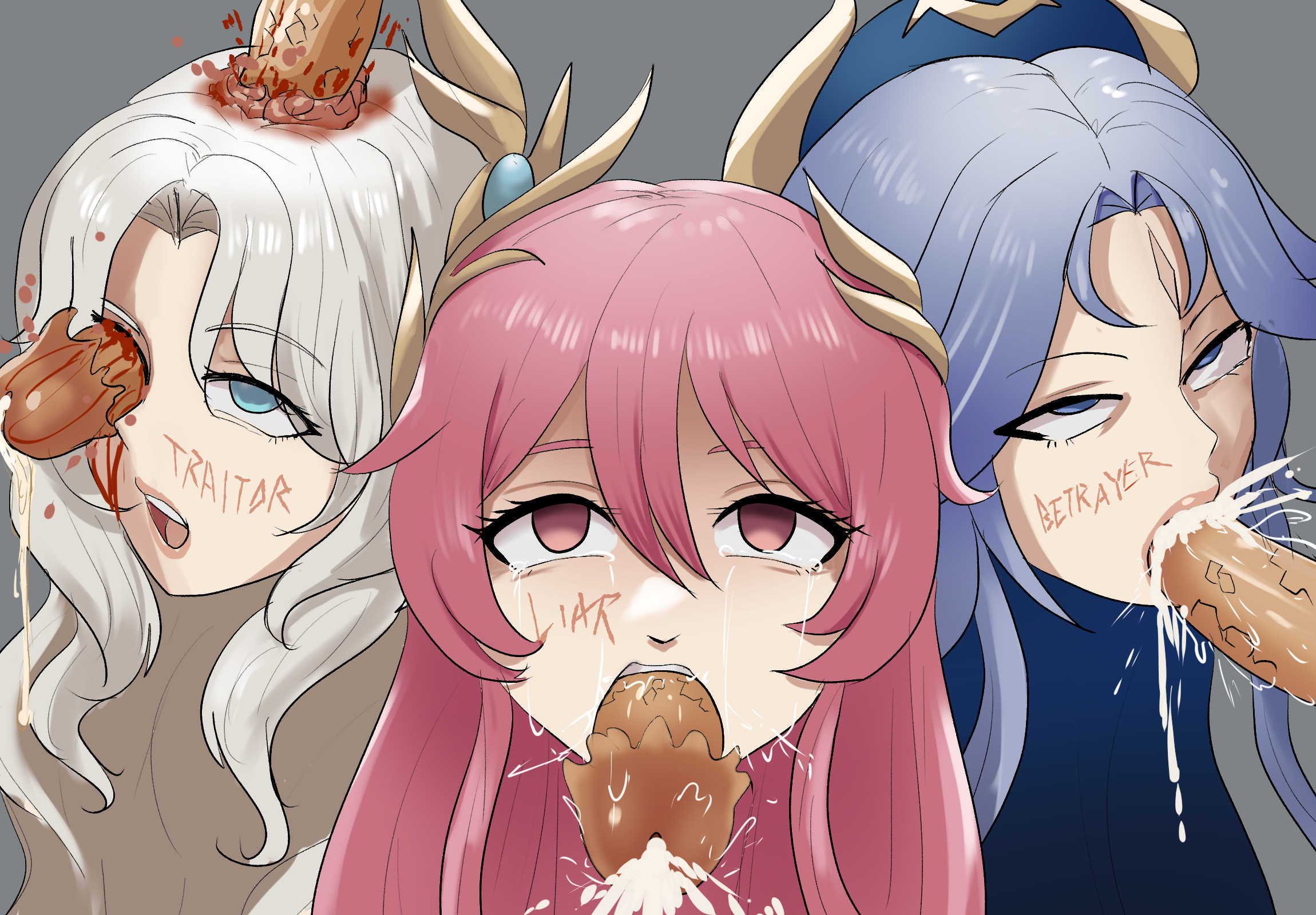 3girls, aria (genshin impact), barbed penis, blood, blood from eye, blood on face, blood on penis, blowjob, blue eyes, blue hair, brain fuck, canon (genshin impact), crying, cum, cum in mouth, cum inside, cumming, dead, death, decapitated head, fellatio, female death, genshin impact, gore, guro, hair ornament, multiple penises, necrophilia, open mouth, oral, penis, pink eyes, pink hair, reverse blowjob, reverse fellatio, severed head, skull fucking, snuff, sonnet (genshin impact), straight, tears, text, text on body, veiled616, white hair, writing on body