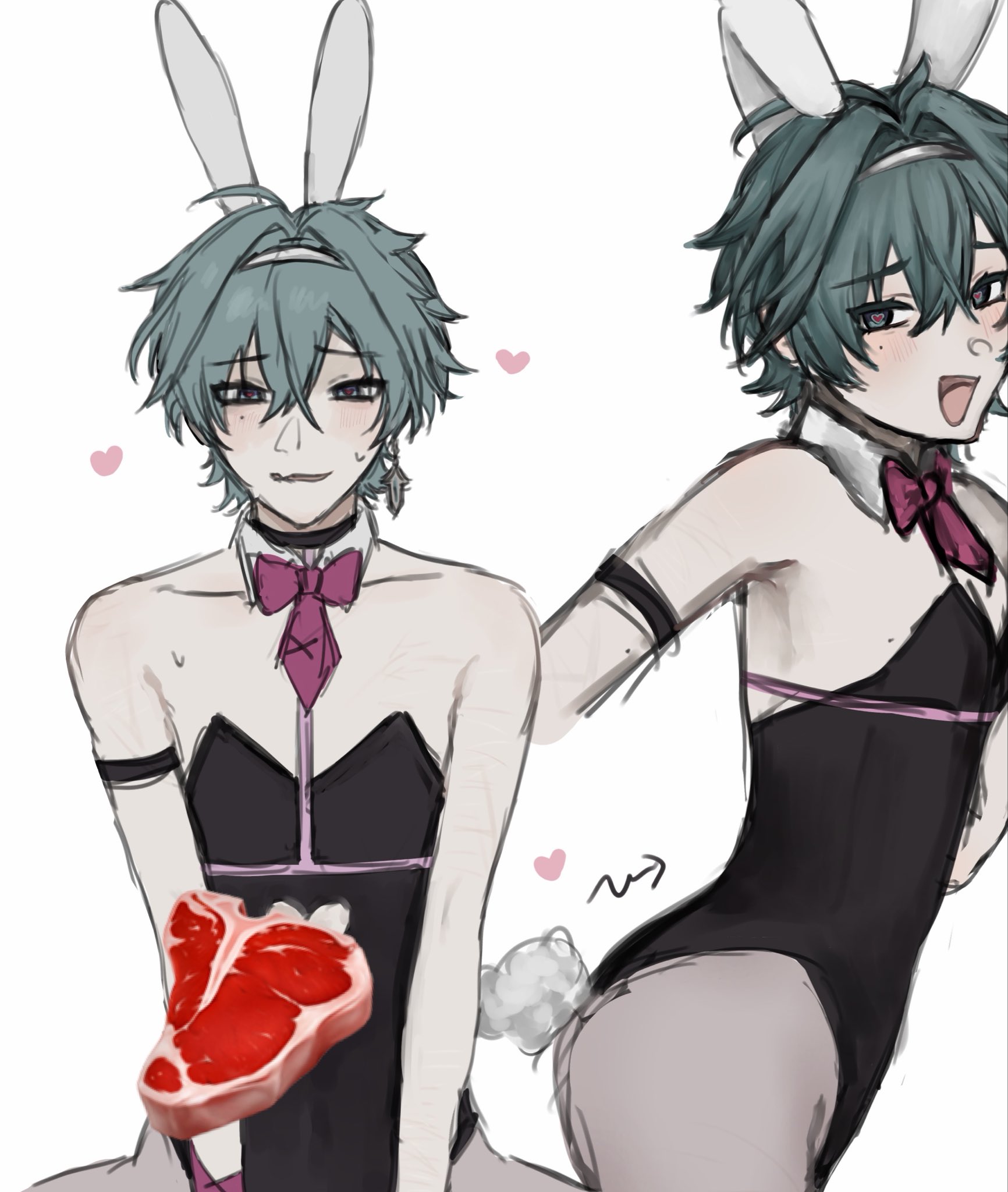 1boy, beauty mark, bunny costume, bunny ears, bunnysuit, earring, emoji, femboy, genshin impact, lohen (genshin impact), male focus, male only, male solo, meat, mole, mole under eye, questionable, rabbit hole (cosplay), solo, solo male, sweat, teal hair, twink