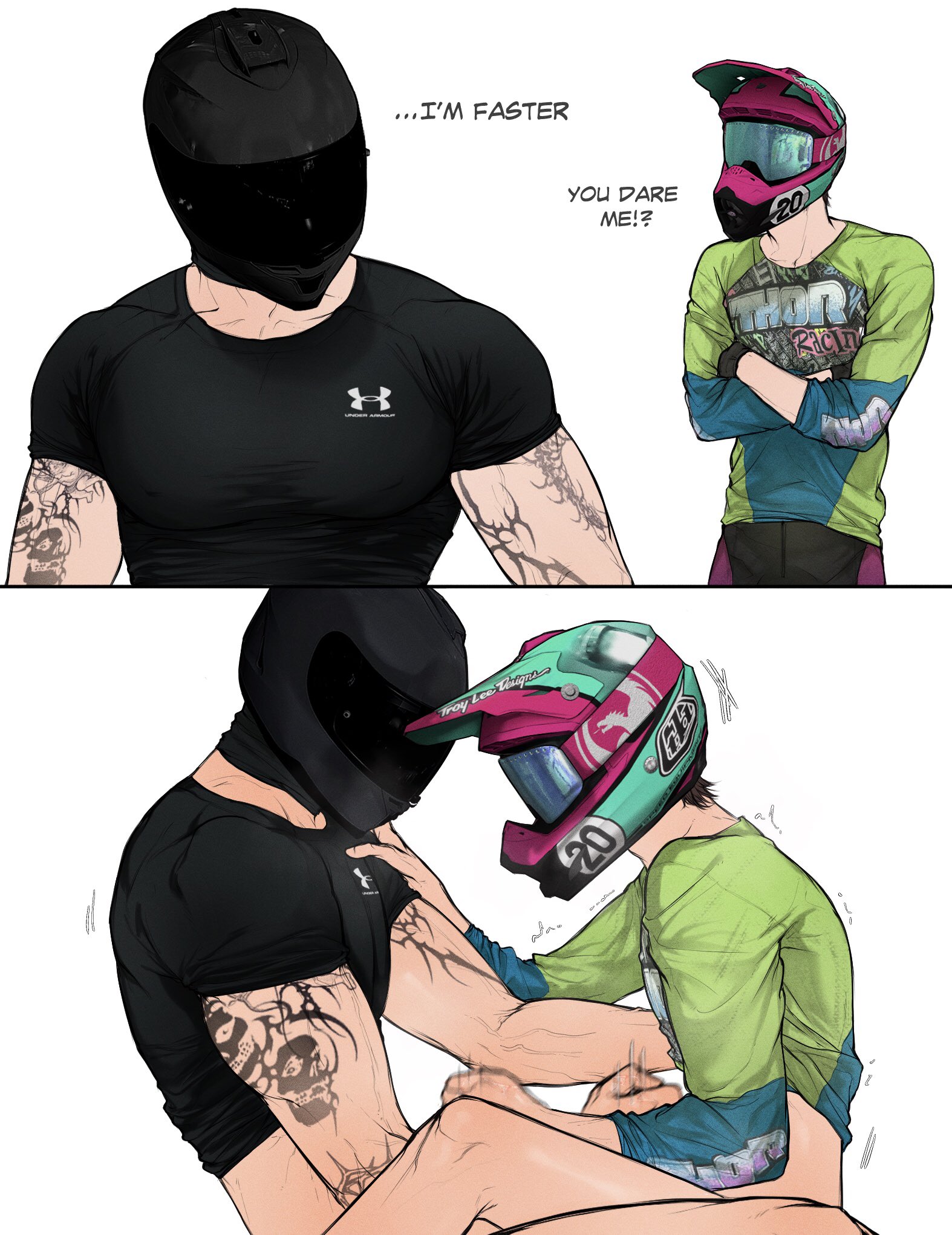 2boys, arm tattoo, auebumbum, biker helmet, black shirt, brat, bratty, brown hair, challenge accepted, gay, gay masturbation, green shirt, half dressed, half naked, half nude, male, male focus, male only, male/male, masturbating other, masturbation, motorcycle helmet, oc, original character, original characters, tattoo, tattoo on arm, tattooed arm, tattoos, yaoi