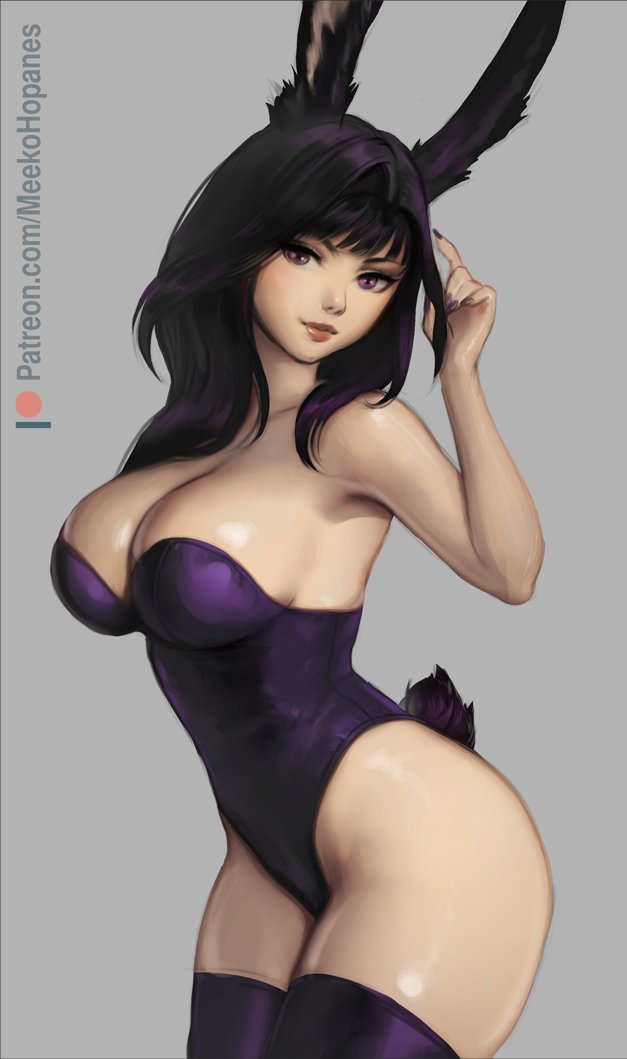 1girls, 2022, artist signature, black hair, breasts, bunny ears, bunny girl, bunny tail, bunnysuit, cleavage, female, female only, final fantasy, final fantasy xiv, highleg leotard, hips, large breasts, leotard, long hair, looking at viewer, meekohopanes, patreon username, purple eyes, slim waist, square enix, thick thighs, thighhighs, thighs, viera, wide hips