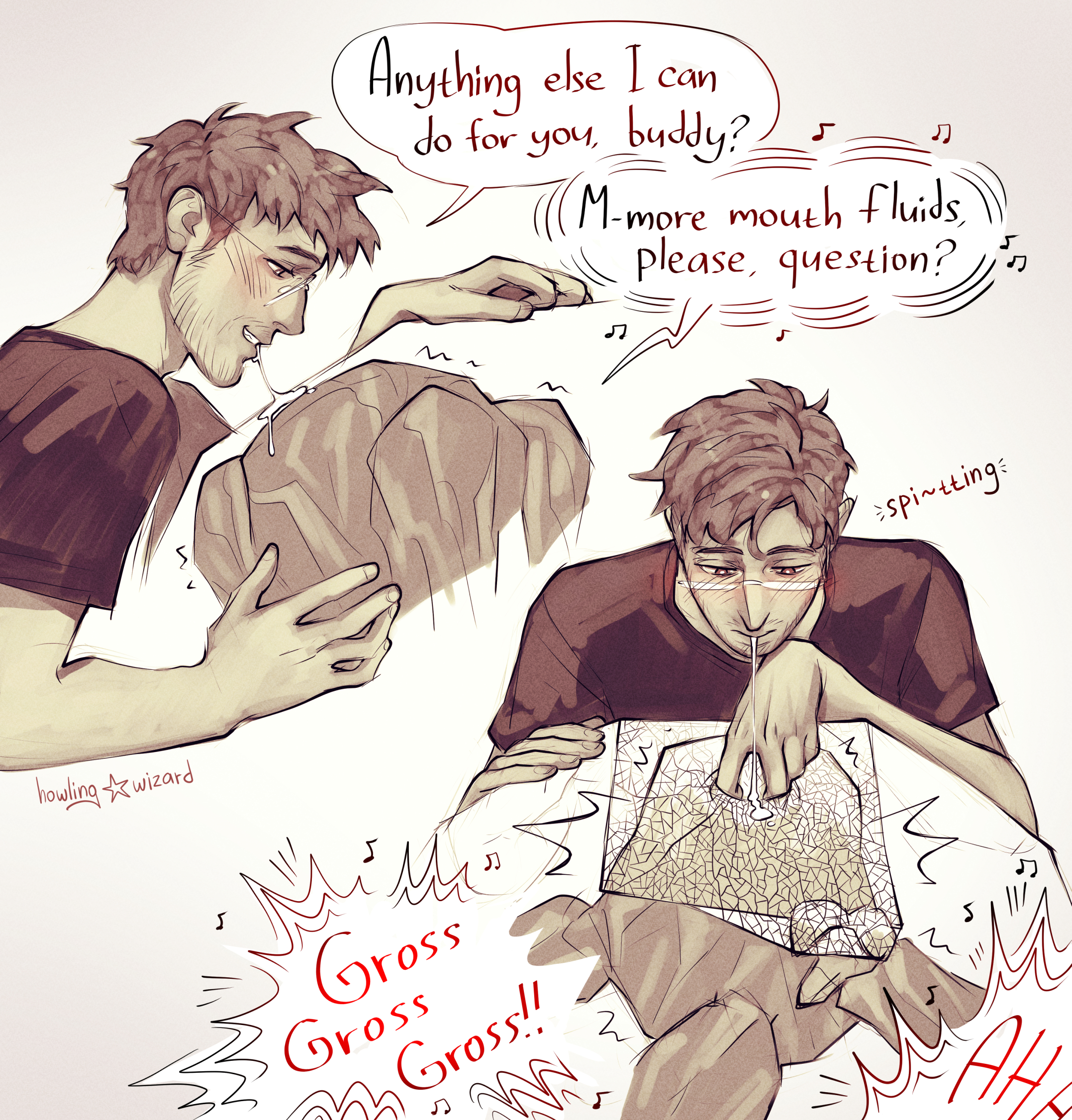 alien, alien anatomy, communication, disgusted, english text, fingering, fully clothed, glasses, hamster ball, howling wizard, male, project hail mary, rocky (project hail mary), ryland grace, spit, spitting, xenophilia