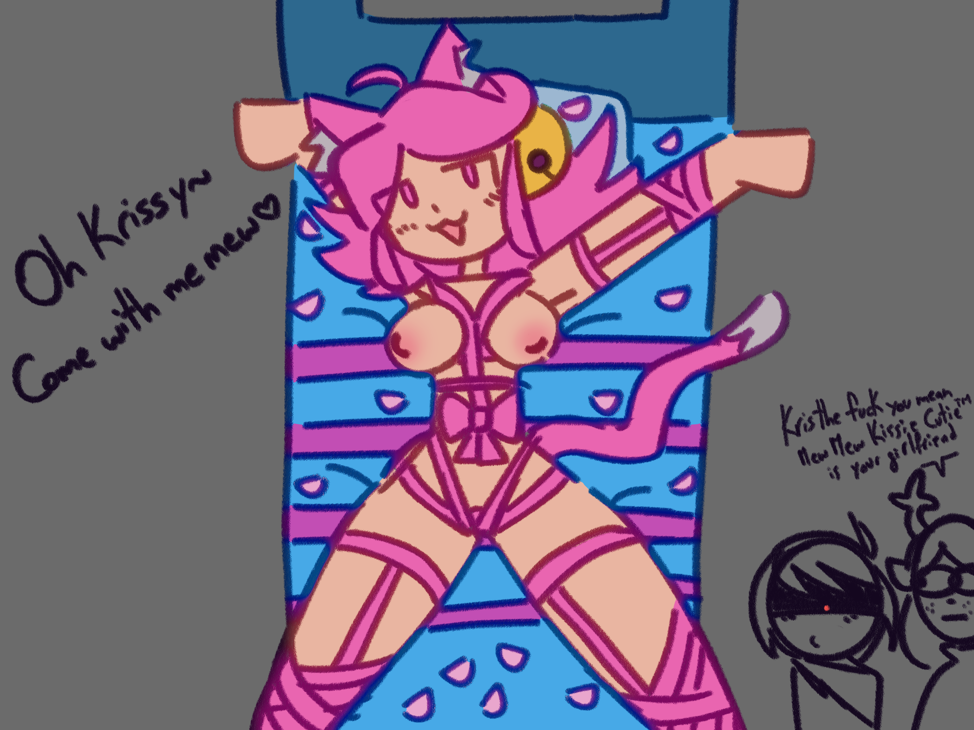 1nonbinary, 2girls, bondage, cat ears, cat girl, cat humanoid, cat tail, catgirl, deltarune, deltarune chapter 5, english, english dialogue, english text, kkt05, kris (deltarune), mad mew mew, mew mew (undertale), mew mew kissy cutie, noelle holiday, petals, pink (deltarune), pink eyes, pink hair, pink nipples, rope, rope between breasts, rope bondage, sakura petals, shibari, text
