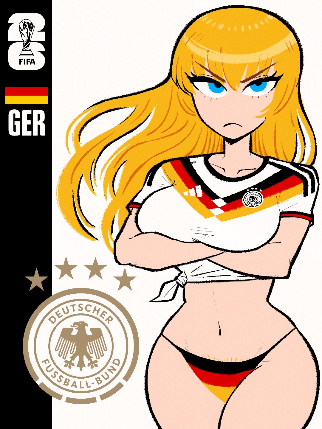 1girl, 1girls, adidas, atomiksaico, bikini, bikini bottom only, blonde hair, blonde pubic hair, blue eyes, breasts, cowboy shot, crop top, crossed arms, female pubic hair, flag print, frown, german flag, germany, highres, hips, large breasts, light-skinned female, looking at viewer, midriff, national personification, navel, original, print bikini, pubic hair, pubic hair peek, shirt, short sleeves, simple background, soccer, solo, tied shirt, underwear, white background, world cup