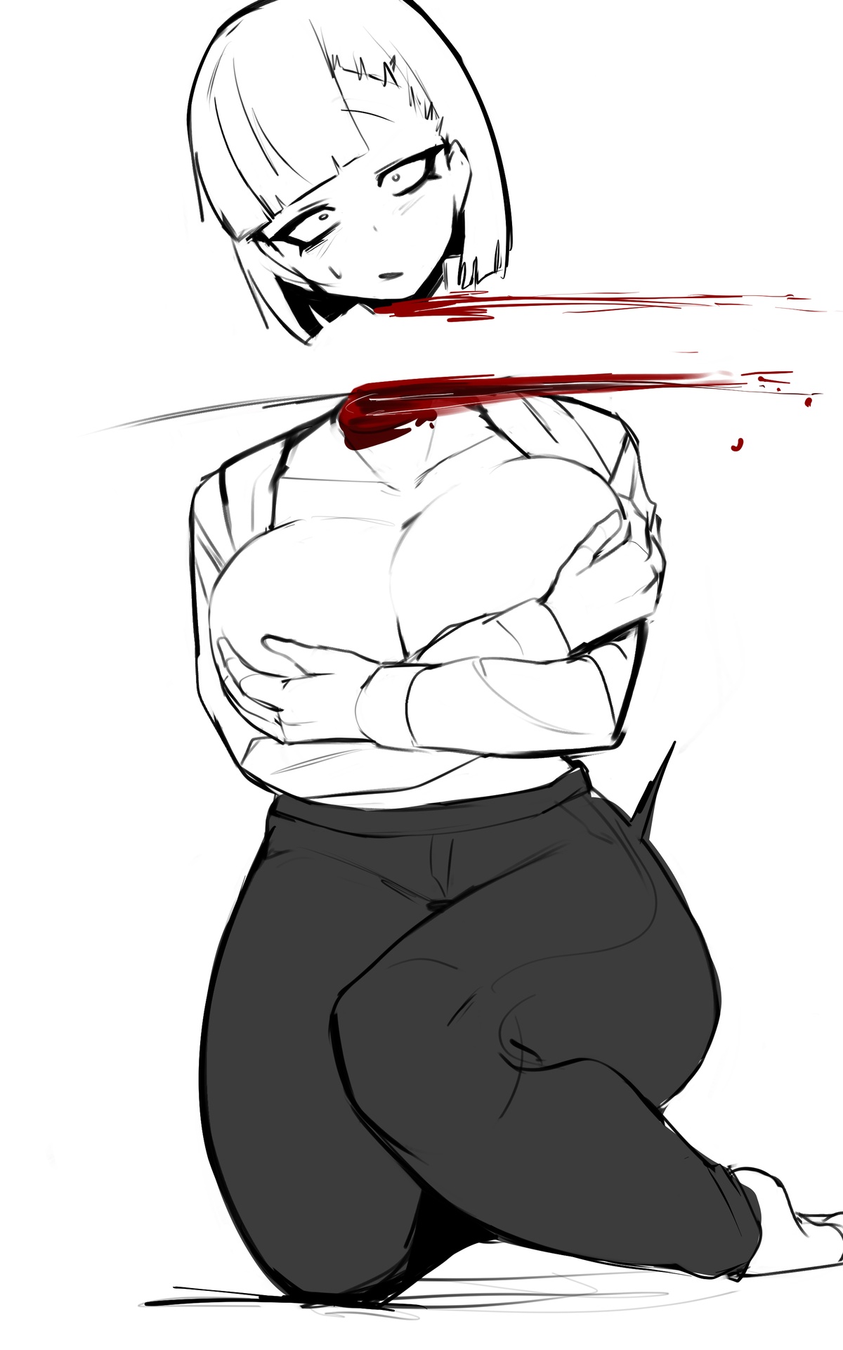 1girls, blood, blue hair, breasts, cleavage, corpse, covering breasts, death, decapitation, demon tail, empty eyes, exposed breasts, female death, gore, guro, hokkairo, huge breasts, jacket, monochrome, murder, navel, nipples, parted bangs, shirt pull, short hair, simple background, snuff, solo, tube top