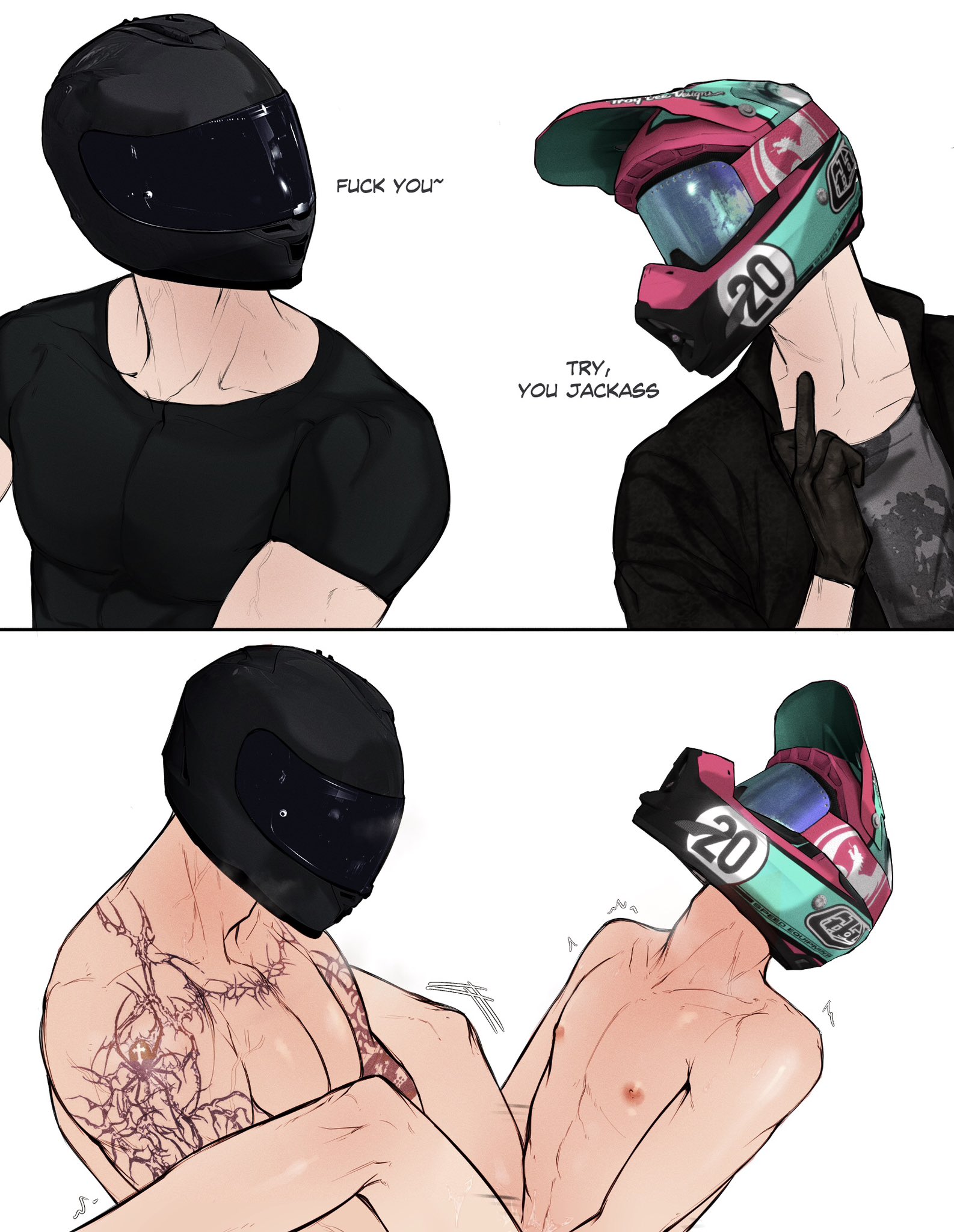 2boys, abs, auebumbum, biker helmet, black shirt, brat, bratty correction, bratty submissive, gay, male, male focus, male only, male penetrated, male penetrating, male penetrating male, male/male, middle finger, motorcycle helmet, naked, naked male, nipples, nude, nude male, oc, original character, original characters, shirt, size difference, tattoo, tattoo on arm, tattooed arm, tattoos, yaoi