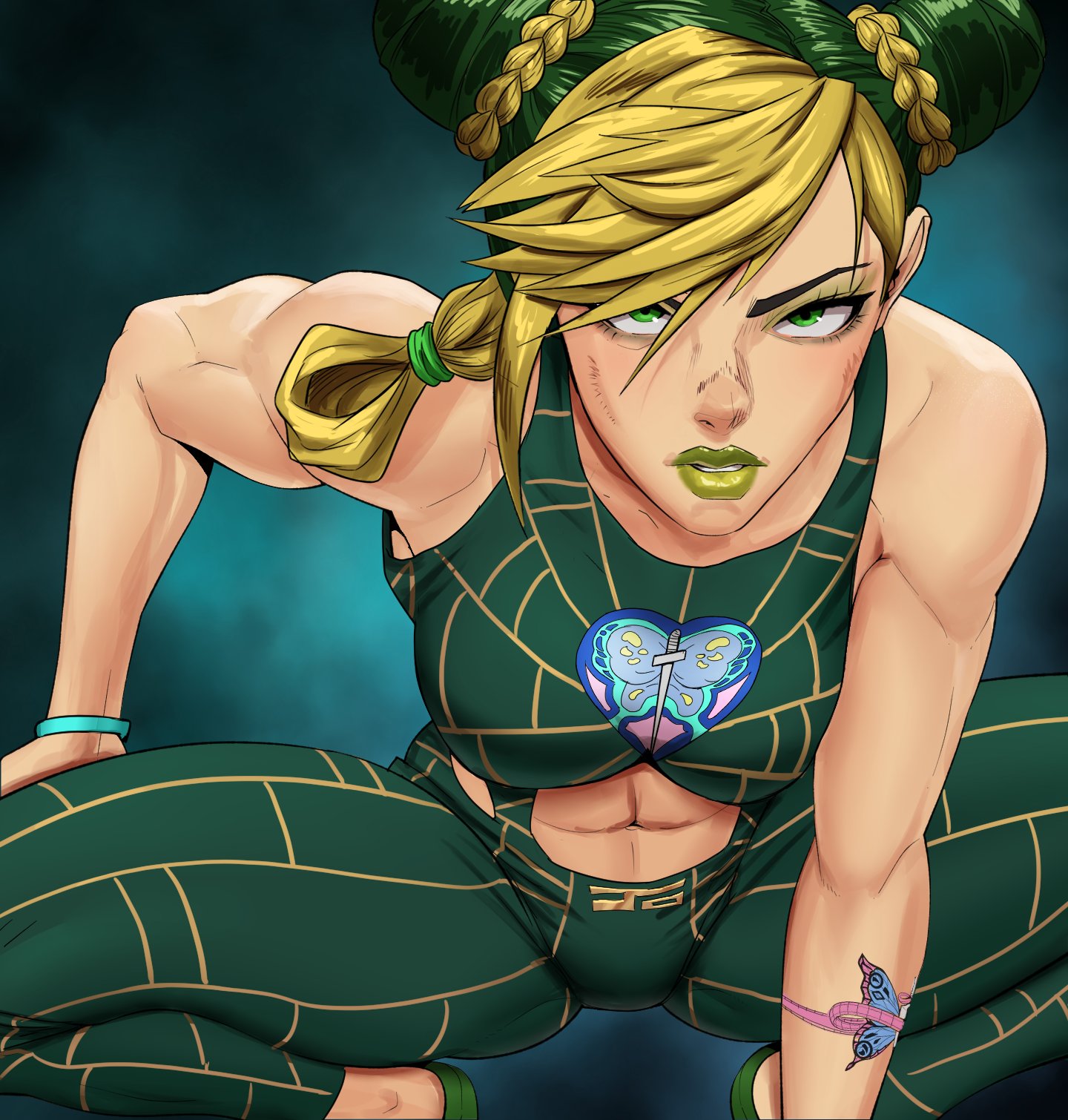 1female, 1girl, 1girls, big breasts, boobs, breasts, female, female focus, female only, green clothing, green eyes, green hair, green lipstick, human, jojo no kimyou na bouken, jojo's bizarre adventure, jolyne cujoh, jolyne kujo, light skin, light-skinned female, lips, lipstick, looking at viewer, mad, muscular, muscular female, no background, no watermark, stone ocean, tattoo, white body, yellow hair