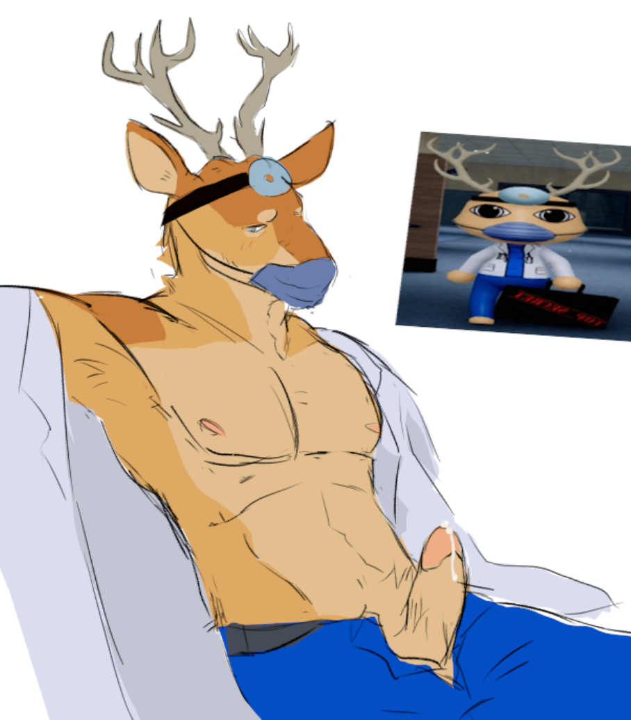 animal hospital, anthro, deer, dr. harlow (animal hospital), furry, male, penis, precum, self upload, solo, tagme
