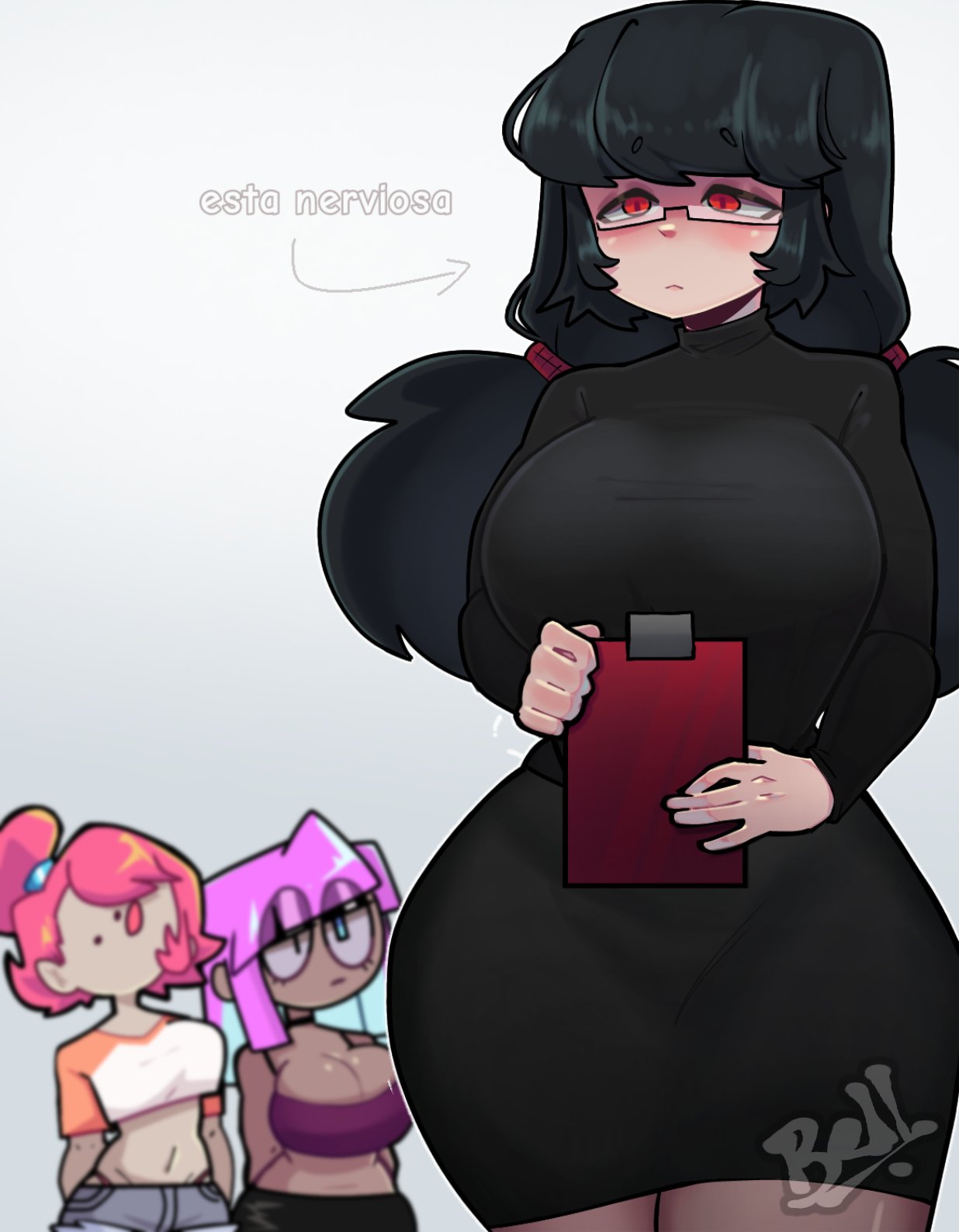 3girls background_character bell_awa big_breasts black_dress black_hair female fully_clothed glasses hourglass_figure long_hair red_eyes spanish_text text translated