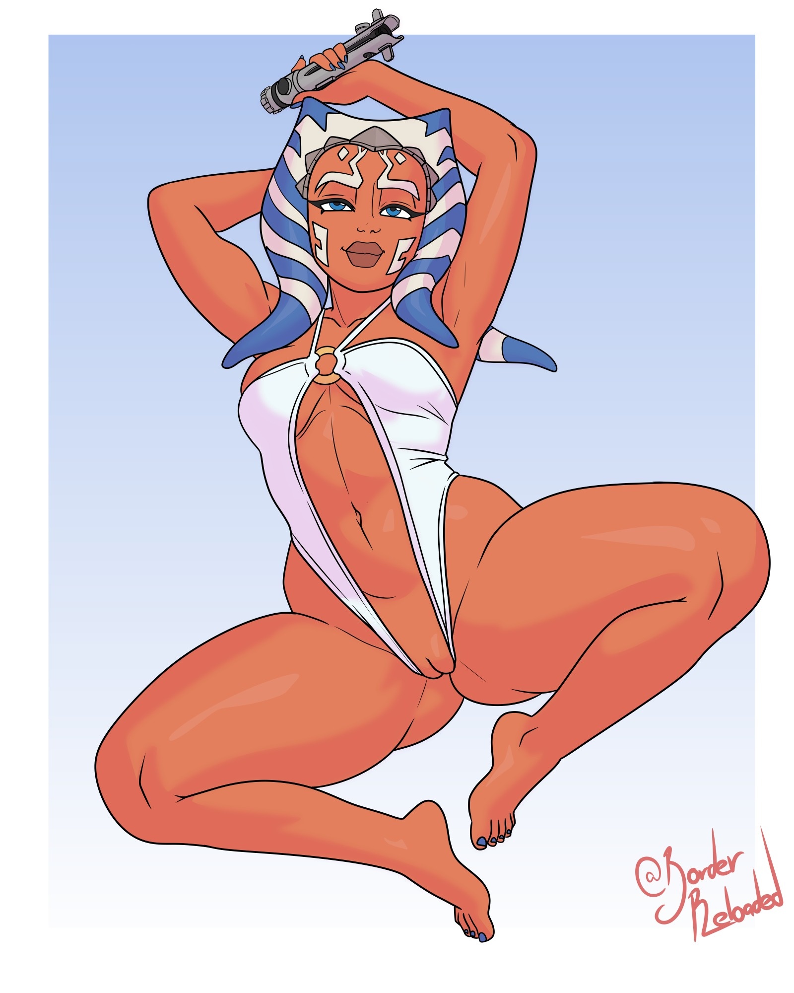 1girls, ahsoka tano, alien, big lips, blue eyes, borderreloaded, clone wars, crotchless, female, lightsaber hilt, orange skin, pussy, solo, star wars, swimsuit, togruta
