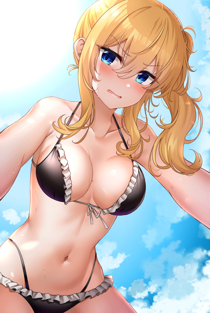 1girls, annoyed, belly button, big breasts, bikini, breasts, busty, female, flustered, frilled bikini, frills, hayasaka ai, kaguya-sama wa kokurasetai ~tensai-tachi no renai zunousen~, large breasts, looking at viewer, maid, maid bikini, navel, sky, staring at viewer, sunhyun, sunlight, sweat, swimsuit, wet skin
