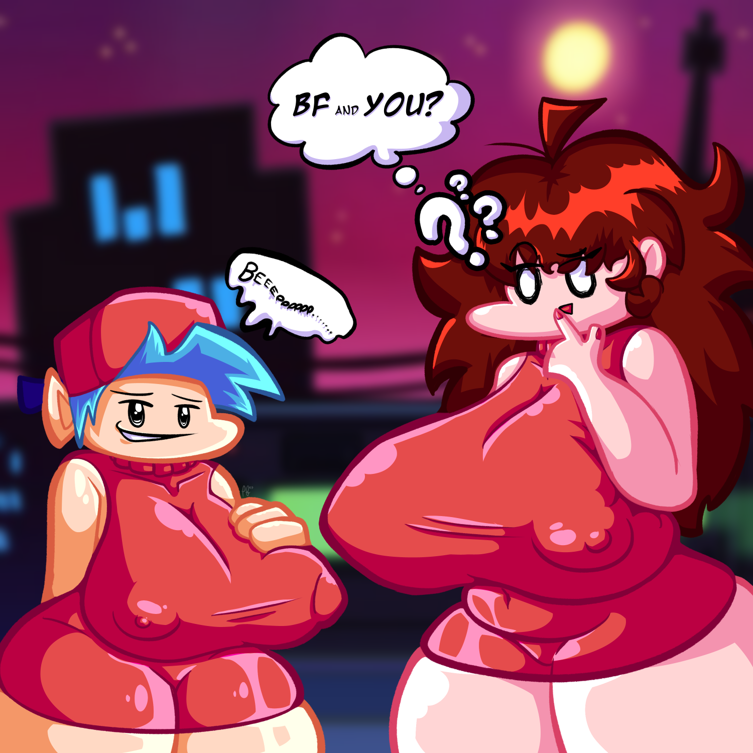 big breasts, big thighs, black eyes, blue hair, both genders, both sexes in same situation, boyfriend (friday night funkin), breasts, brown hair, busty male, dialogue, dialogue box, eyelashes, female, female boyfriend (friday night funkin), friday night funkin, girlfriend (friday night funkin), grin, male, male with breasts, puffylover69, question, question mark, red dress, red hat, red nails, shocked expression, smug, thinking, tight clothes, tight clothing, tight dress, what