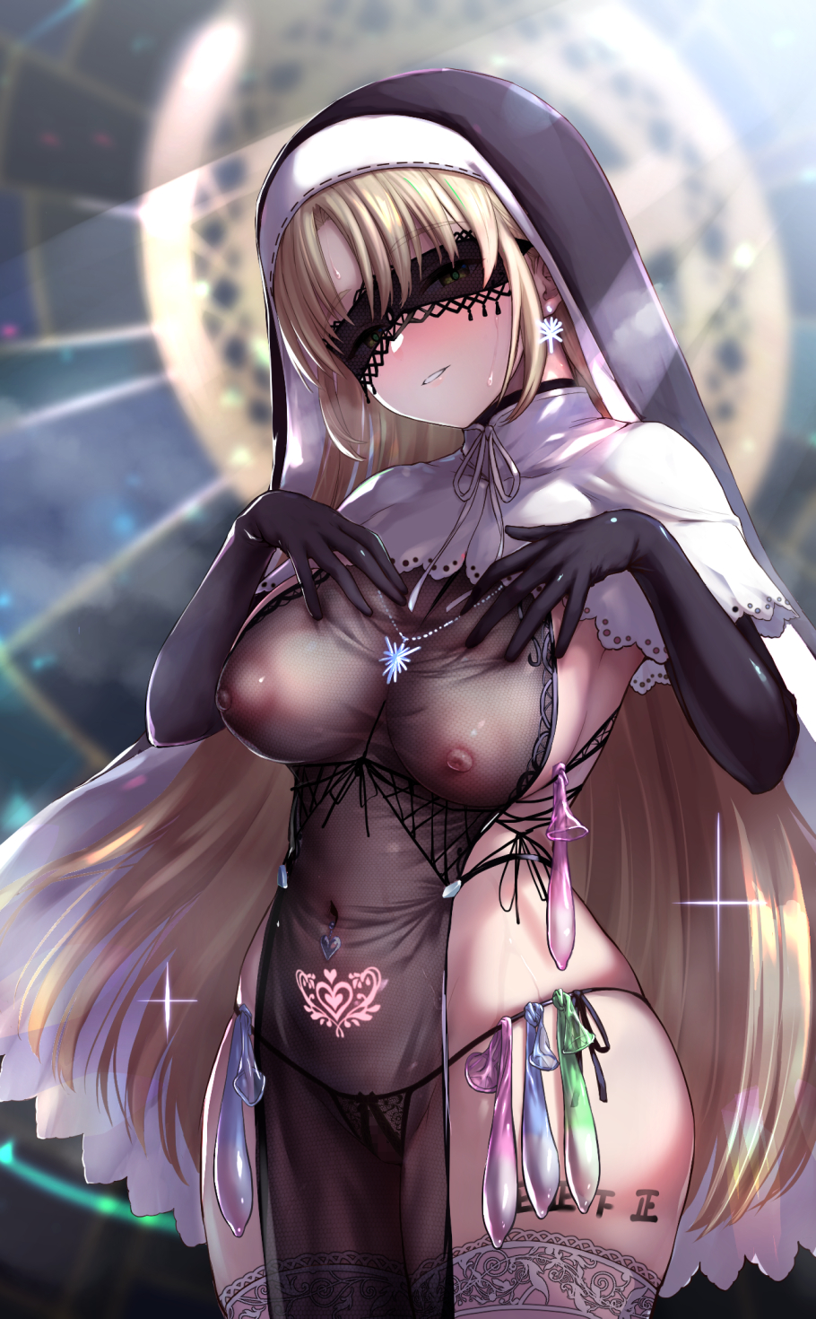 1girls bangs black_gloves black_panties blonde_hair blurry blurry_background blush body_writing bodystocking breasts brown_eyes capelet censored condom condom_belt covered_navel covered_nipples cowboy_shot crotchless crotchless_panties daishippai elbow_gloves eyebrows_visible_through_hair eyepatch female female_only gloves groin habit half-closed_eyes hands_on_own_chest highres jewelry lace-trimmed_legwear lace_trim large_breasts light_brown_hair long_hair looking_at_viewer mosaic_censoring navel_piercing neck_ribbon necklace nijisanji nun panties parted_bangs parted_lips piercing pubic_tattoo pussy ribbon see-through sister_cleaire skindentation smile solo standing steam string_panties sweat tattoo thighhighs thong underwear used_condom very_long_hair virtual_youtuber white_capelet white_legwear white_ribbon