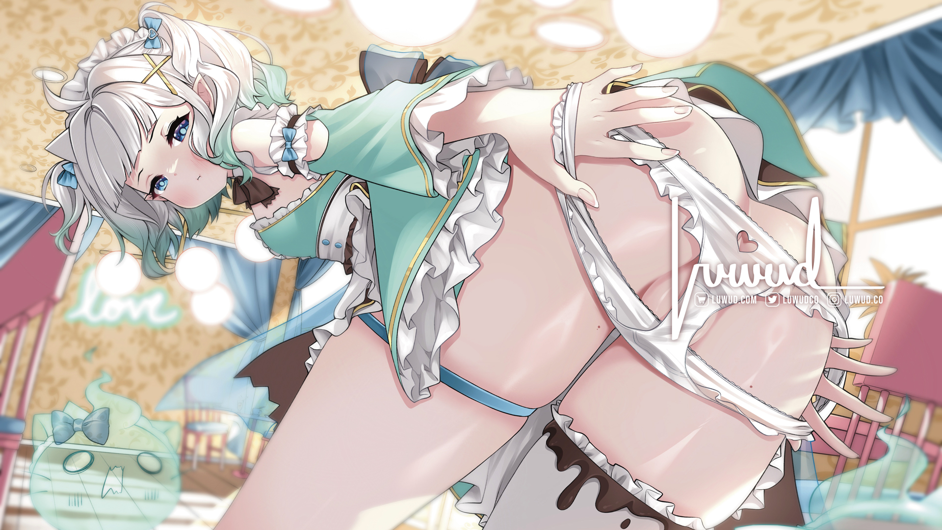 1girl, 1girls, ahoge, apron, ass, ass cutout, bent over, blue bow, blue eyes, blush, bow, breasts, butt crack, chair, clothing cutout, commentary, densetsu.exe, detached sleeves, dress, female, ghost, ghost girl, gradient hair, green dress, green hair, green sleeves, hair bow, hair ornament, heart cutout, highres, looking back, luwudco, maid, maid apron, maid headdress, mint fantome, mole, mole on ass, mole on thigh, multicolored hair, panties, pointy ears, pout, pussy, short hair, single thighhigh, small breasts, solo, thigh strap, thighhighs, thighs, triangular headpiece, underwear, undressing, untranslatable commentary, virtual youtuber, vtuber, white hair, white panties, white thighhighs, wisps (mint fantome), x hair ornament