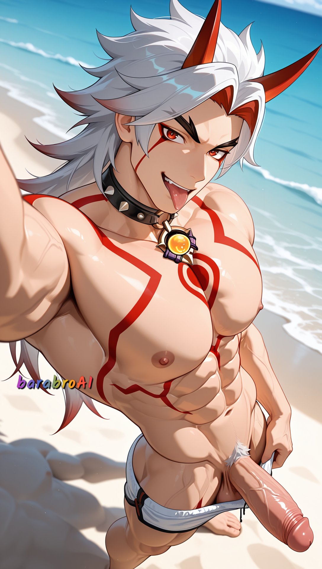 ai generated, arataki itto, armpits, barabroai, beach, big penis, full body, fully nude, gay, genshin impact, looking at viewer, male, male focus, male only, muscles, muscular, muscular male, pubic hair, tattoo, tongue out, underwear down, up view, veiny penis