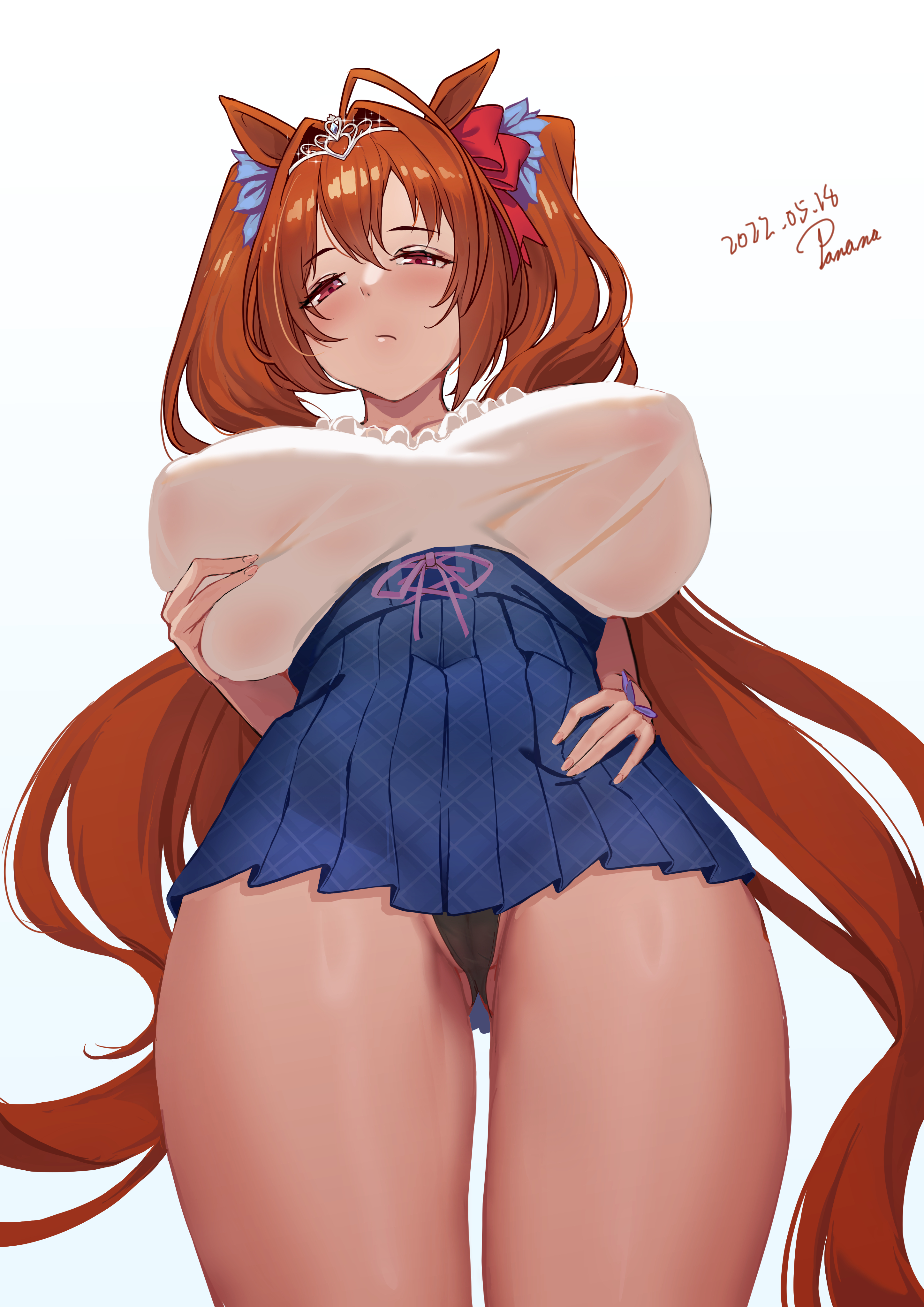 1girls, absurdres, ahoge, animal ears, black panties, blouse, blue skirt, bow, breasts, brown hair, cameltoe, covered erect nipples, daiwa scarlet (umamusume), dated, deep skin, female, frilled shirt, frills, from below, gluteal fold, hair intakes, hairbow, hand on hip, high-waist skirt, highres, horse ears, horse girl, huge breasts, light skin, light-skinned female, long hair, looking at viewer, looking down, looking down at viewer, panana, panties, pleated skirt, pussy, red bow, red eyes, self fondle, shirt, signature, simple background, skirt, solo, thighs, tiara, twintails, umamusume, underwear, upskirt, very long hair, white background, white shirt