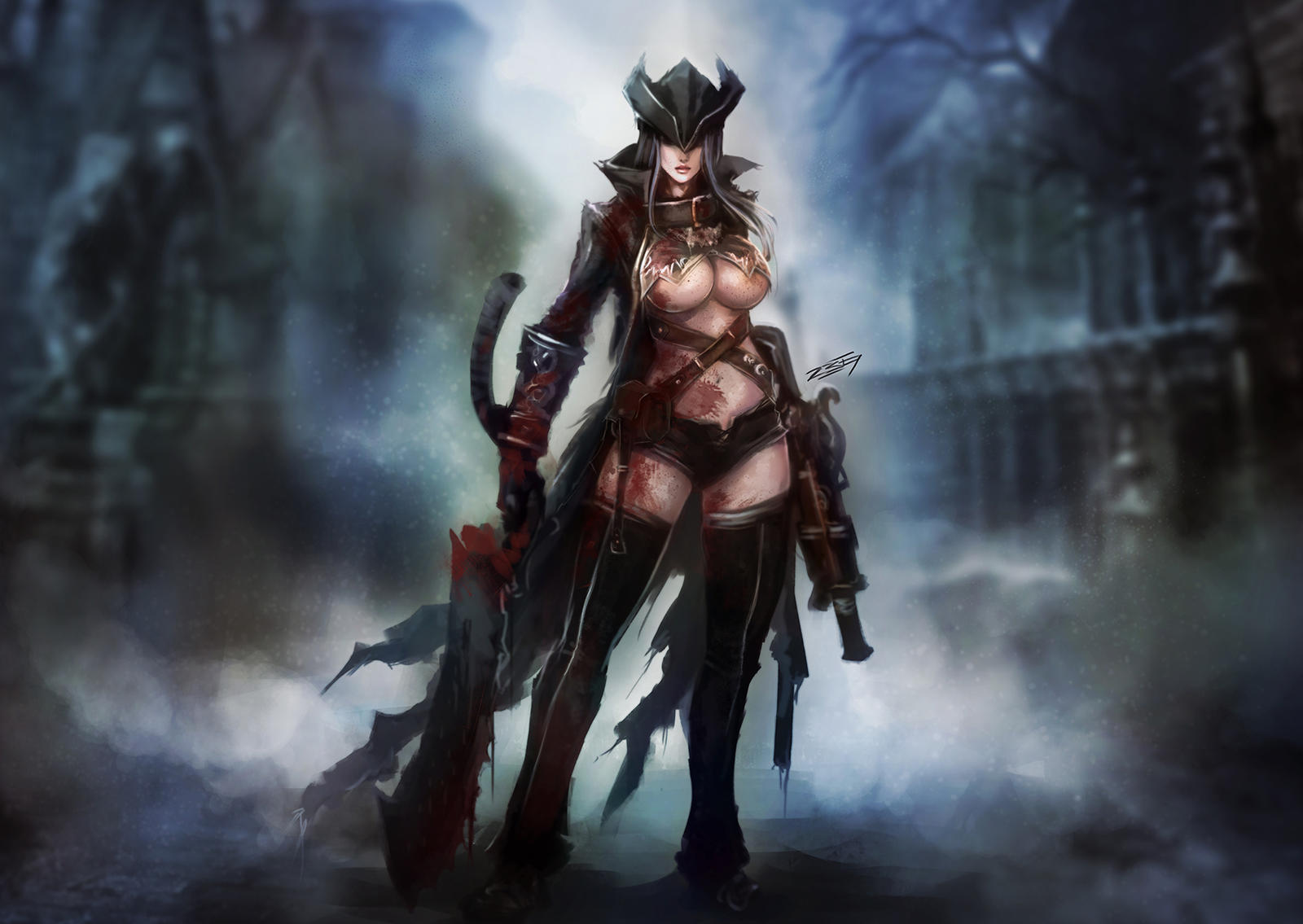 bangbez, big breasts, black legwear, blood, blood stain, bloodborne, breasts, cleavage, detailed, detailed background, female, female only, fromsoftware, full body, gun, hat, headwear, hunter (bloodborne), long hair, looking at viewer, painting (artwork), revealing clothes, short shorts, silver hair, solo, standing, thigh boots, thighhighs, underboob, weapon