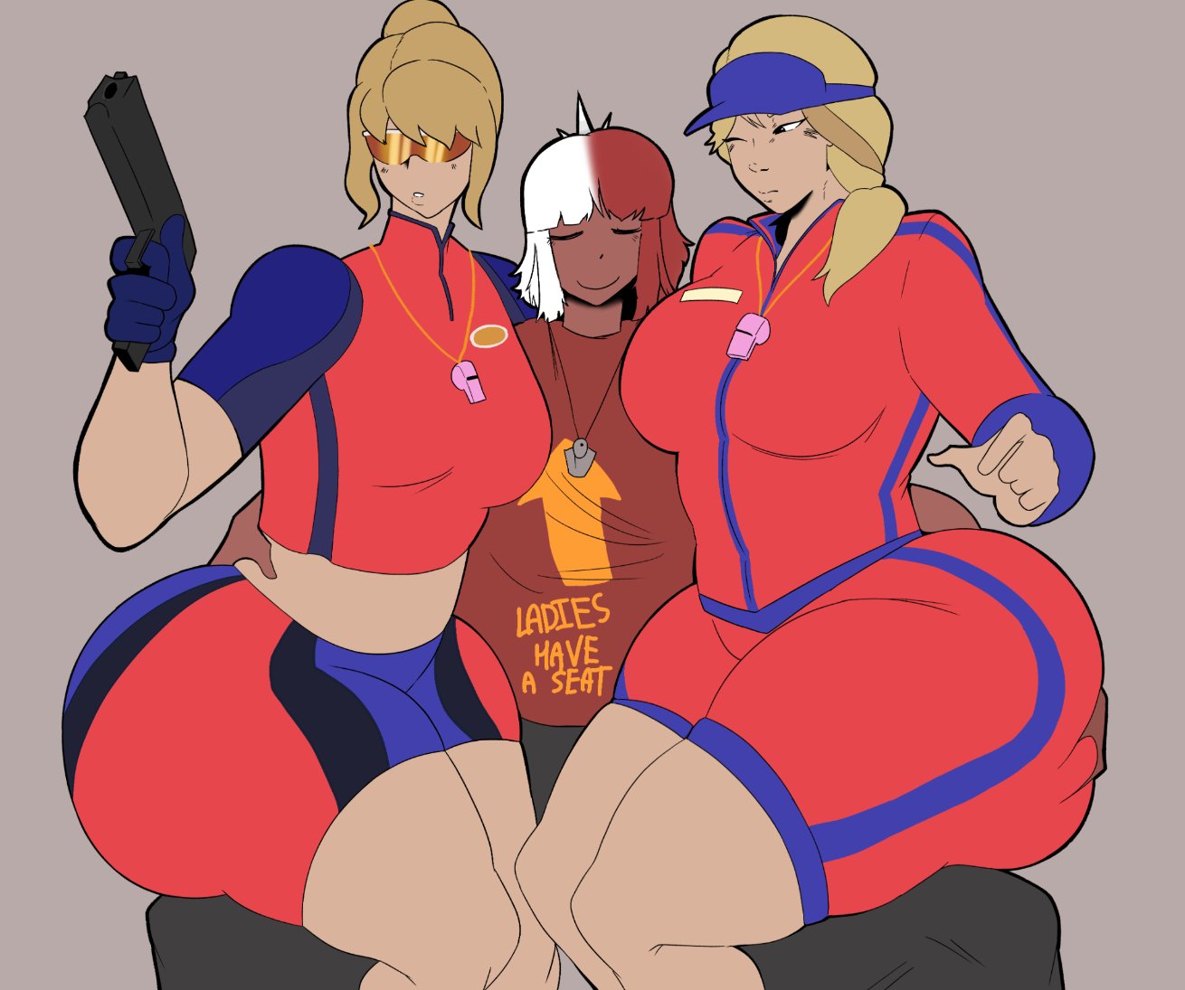 1boy, 2girls, 2girls1boy, alternate body type, big ass, big breasts, blonde female, bottom heavy, breast, femboy, flat colors, forkerdude, fortnite, fortnite: battle royale, hand on ass, huge ass, lifeguard, original character, sun strider, thick ass, thick thighs, tide strider (fortnite)