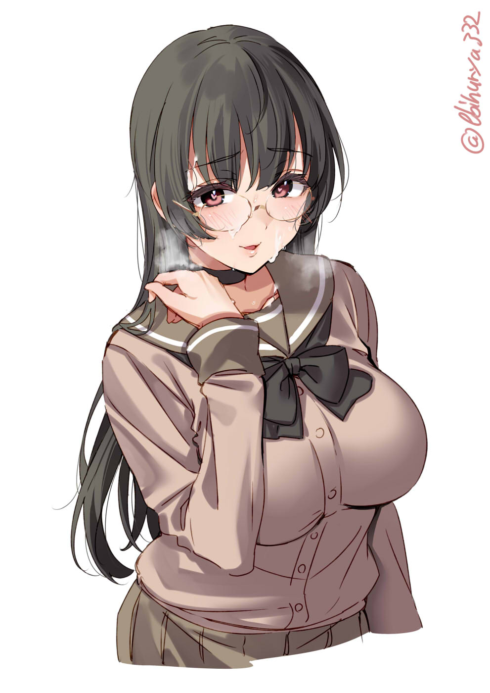 after_fellatio alternate_costume black_choker black_hair black_neckerchief blush breasts breath brown_sailor_collar brown_skirt brown_sweater buttons choker choukai_(kantai_collection) cum ebifurya facial female glasses heart heart-shaped_pupils highres kantai_collection large_breasts lips long_hair long_sleeves looking_at_viewer neckerchief open_mouth pleated_skirt red_eyes rimless_eyewear sailor_collar school_uniform simple_background skirt smile solo sweater symbol-shaped_pupils twitter_username upper_body white_background