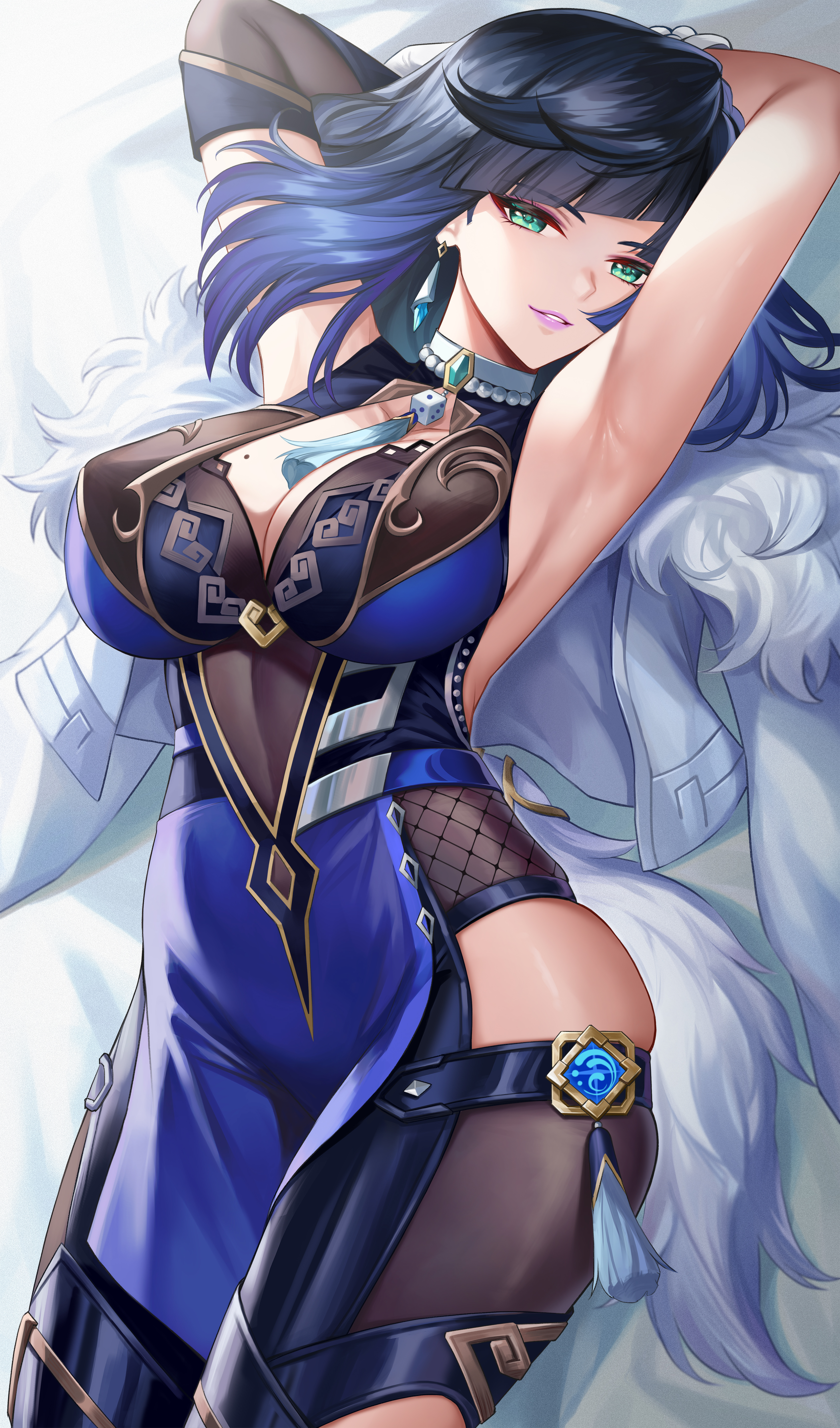 1girls, absurd res, absurdres, armpit, armpit fetish, arms up, big breasts, black clothes, black clothing, black legwear, blue clothes, blue clothing, blue dress, blue hair, bodysuit, bodysuit under clothes, breasts, busty, cleavage, clothed, clothed female, clothing, diagonal bangs, dice, dress, female, female focus, female only, fit, fit female, genshin impact, gloves, green eyes, high resolution, highres, hips, huge filesize, kacyu, large breasts, large filesize, legwear, light skin, light-skinned female, looking at viewer, medium hair, mole, mole on breast, necklace, shaved armpit, shoulder length hair, sleeveless, sleeveless dress, solo, solo female, solo focus, thick thighs, thighs, very high resolution, vision (genshin impact), white gloves, yelan (genshin impact)