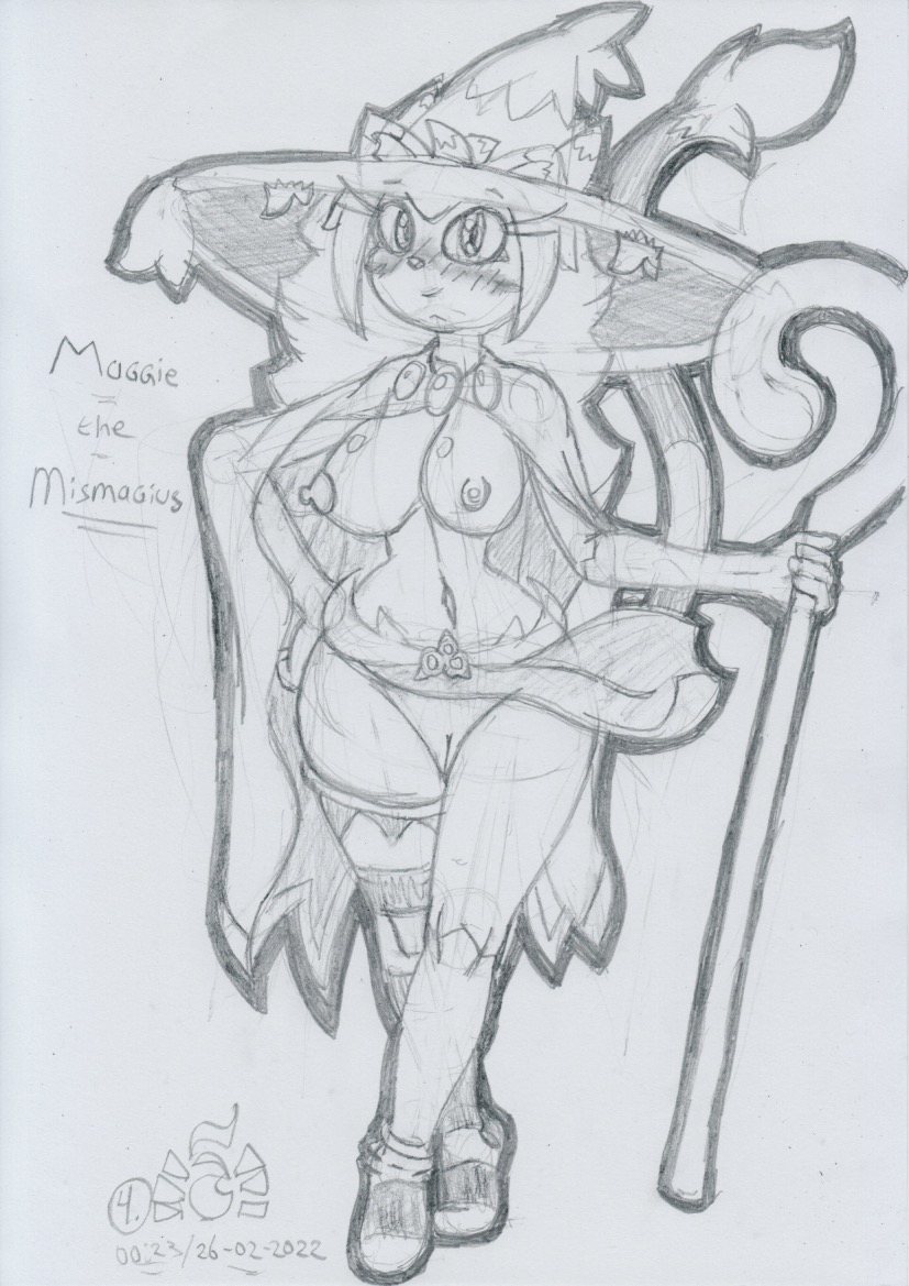 2022 anthro big_breasts blush bottomwear breasts cloak clothed clothing felid female genitals graphite_(artwork) hand_on_hip hat headgear headwear holding_object holding_staff legwear loincloth looking_at_viewer lunaris_parukia maggie_(lunaris_parukia) mammal mismagius navel nintendo nipples no_underwear partially_clothed pattern_clothing pattern_legwear pattern_stockings pokémon_(species) pokemon pokemon_(species) pokemorph pussy solo staff stockings striped_clothing striped_legwear striped_stockings stripes traditional_media_(artwork) video_games witch_hat