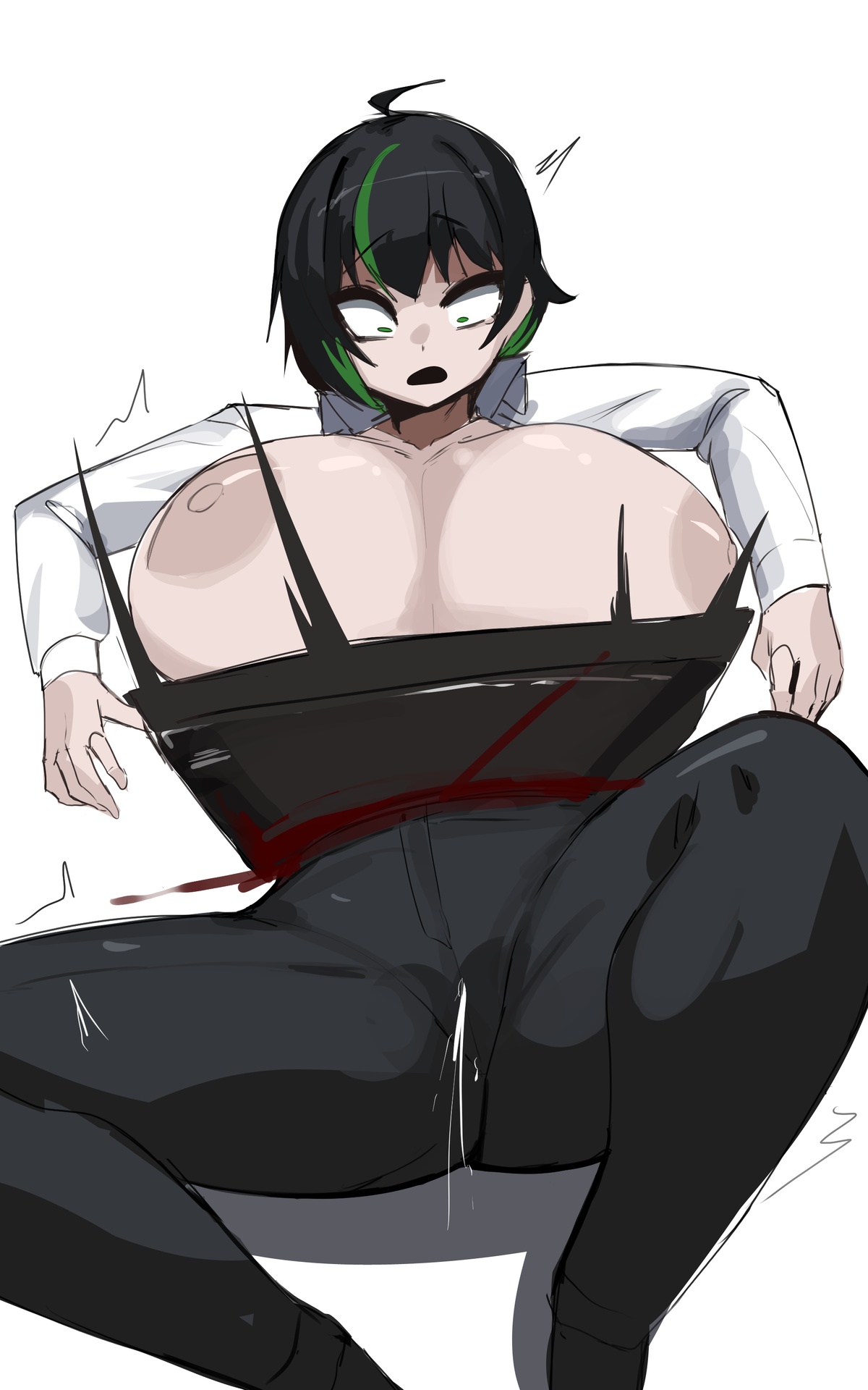 1girls, bisected, black hair, blood, breasts, collared shirt, corpse, cut in half, death, dismemberment, gore, green eyes, green hair, guro, hokkairo, huge breasts, imminent death, imminent guro, multicolored hair, nipples, office lady, open shirt, pants, snuff, solo, squirting, squirting through clothes, streaked hair, tie