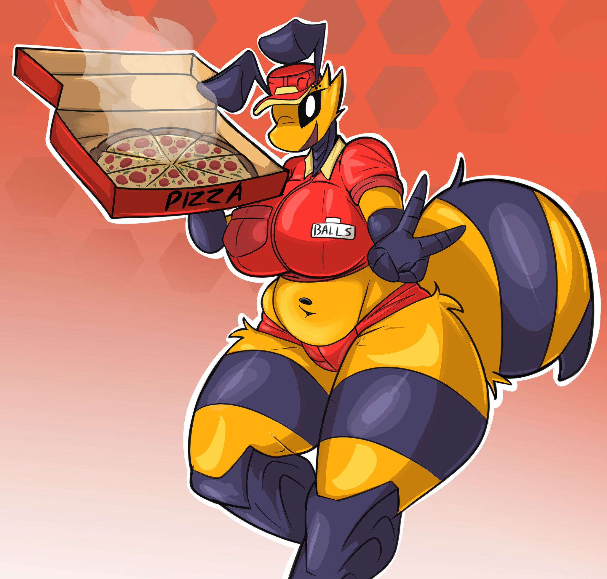 adorable, anthro, bee, bee girl, big breasts, black sclera, black stripes, captain dagon, color, cute, delivery employee, female only, furry female, hi res, huge tail, huge thighs, peace sign, pizza, pizza bee (xexeezy), pizza box, solo female, striped body, tight clothing, voluptuous, white eyes, wide hips, wink, winking at viewer, yellow fur