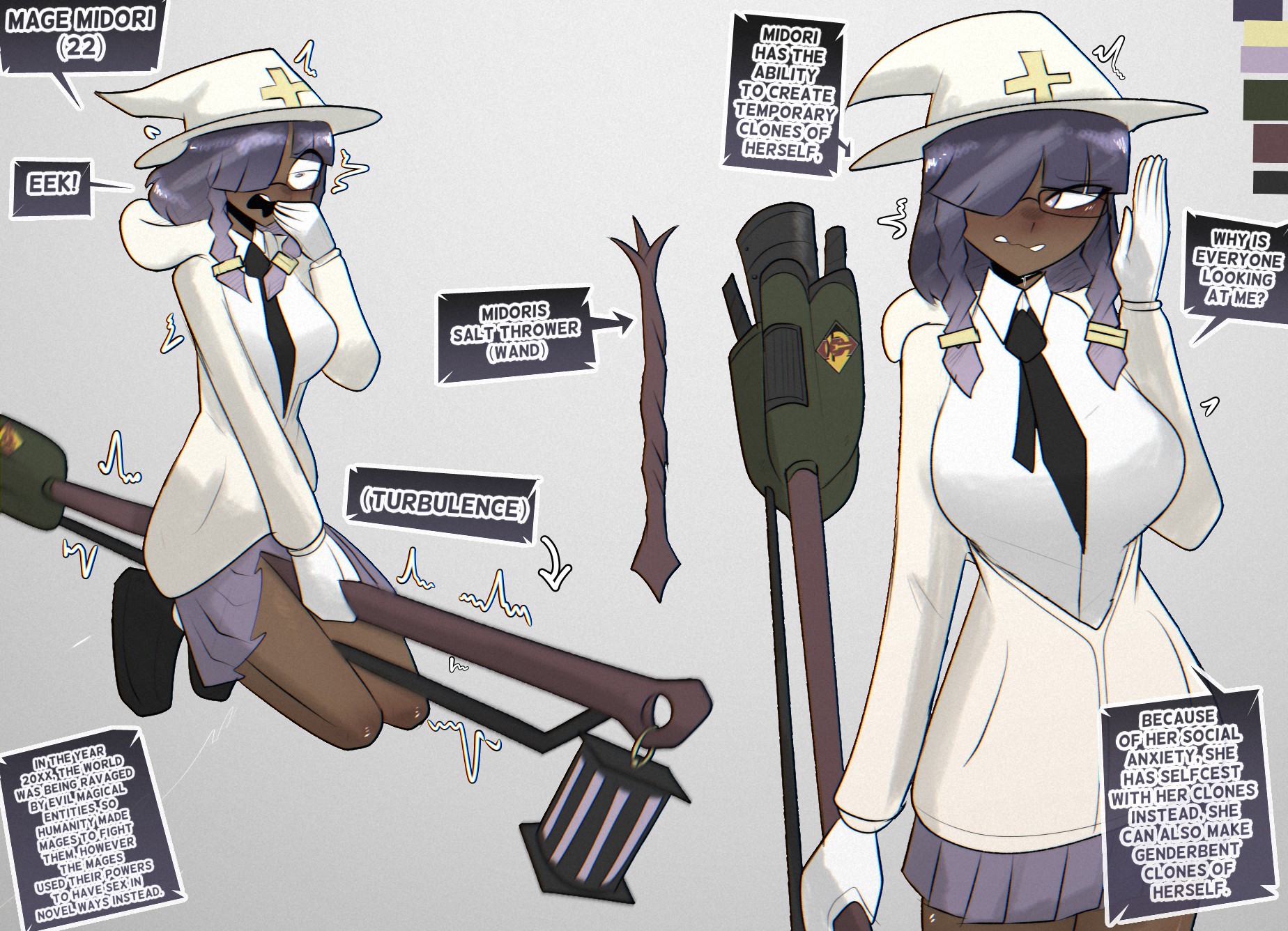 1girls, 2d, anxious, broom, character sheet, clothed, clothed female, collage, dark skin, dark-skinned female, dress, elsimain, english, english text, female, hi res, human, human female, mage, magical girl, midori (elsimain), model sheet, original, purple hair, purple hair female, skirt, slutty female, solo, text box