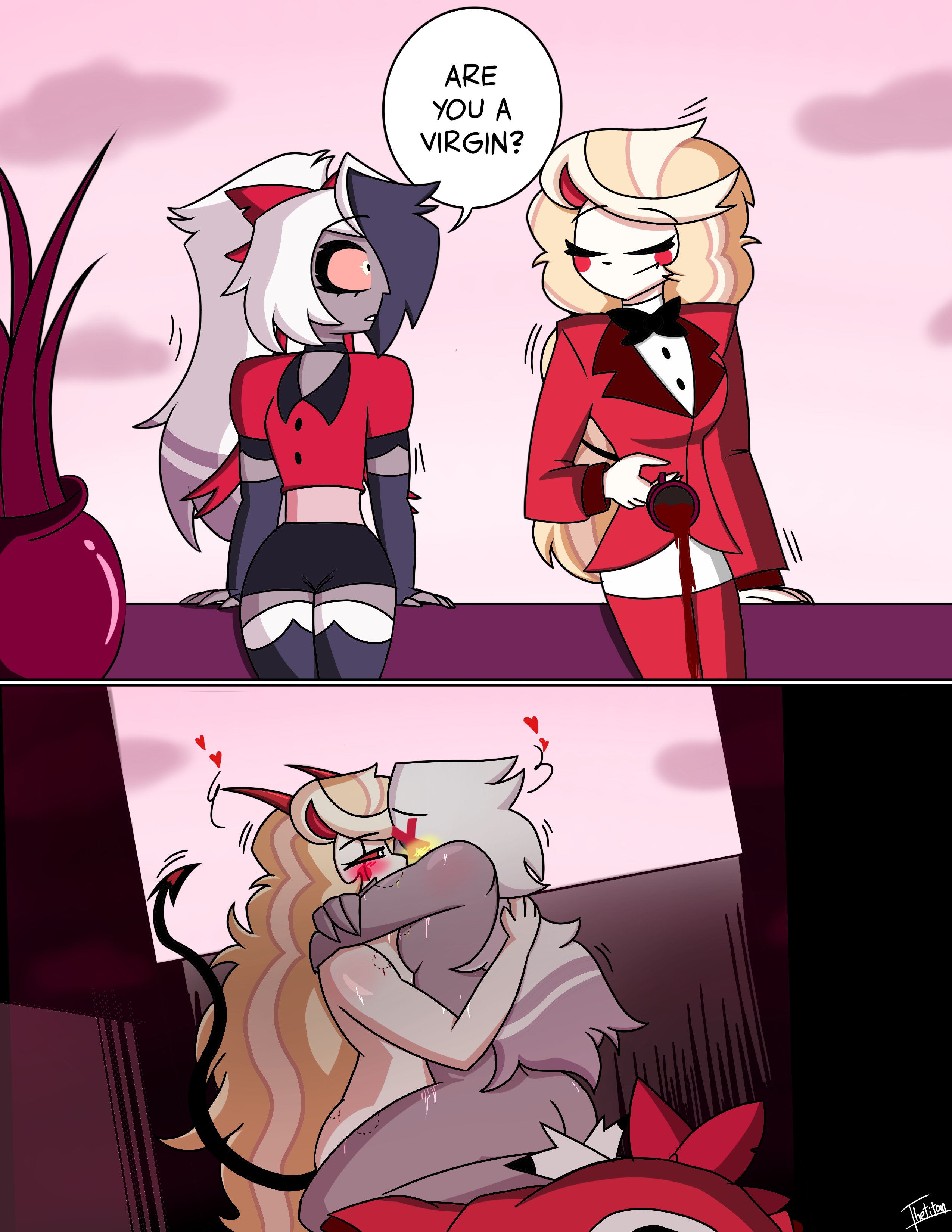 2girls, are you a virgin? (meme), arms around neck, ass, blush, blushing, charlie morningstar (hazbin hotel), demon, demon girl, female only, grey body, hazbin hotel, hearts, hellaverse, horns, hugging, lesbian, naked, red clothing, the titan draw, vaggi (hazbin hotel), vaggie (hazbin hotel), white body, white hair, yuri
