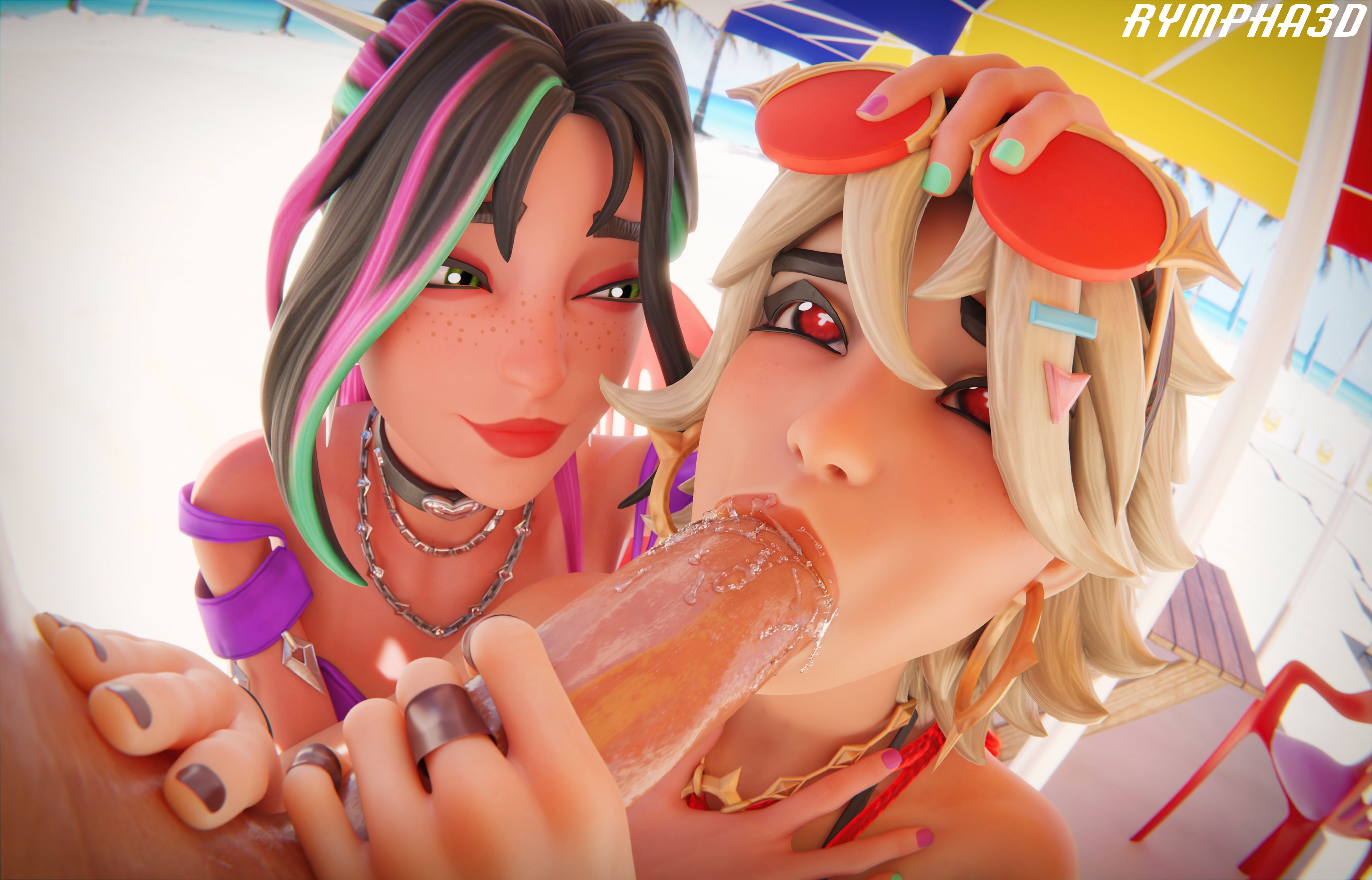 1boy, 2026, 2girls, 3d, 3d model, artist name, assisted fellatio, assisted oral, beach, beach background, beach umbrella, black hair, blonde female, blonde hair, blowjob, epic games, fellatio, female, fortnite, fortnite: battle royale, hand on head, helsie (fortnite), joni (fortnite), light skin, light-skinned female, light-skinned male, male, oral, oral sex, penis in mouth, red eyes, rympha3d, saliva, saliva on penis, sand witch helsie (fortnite), sex, sucking, sucking penis, summer slayer joni (fortnite), three-tone hair, video game character, video games, watermark