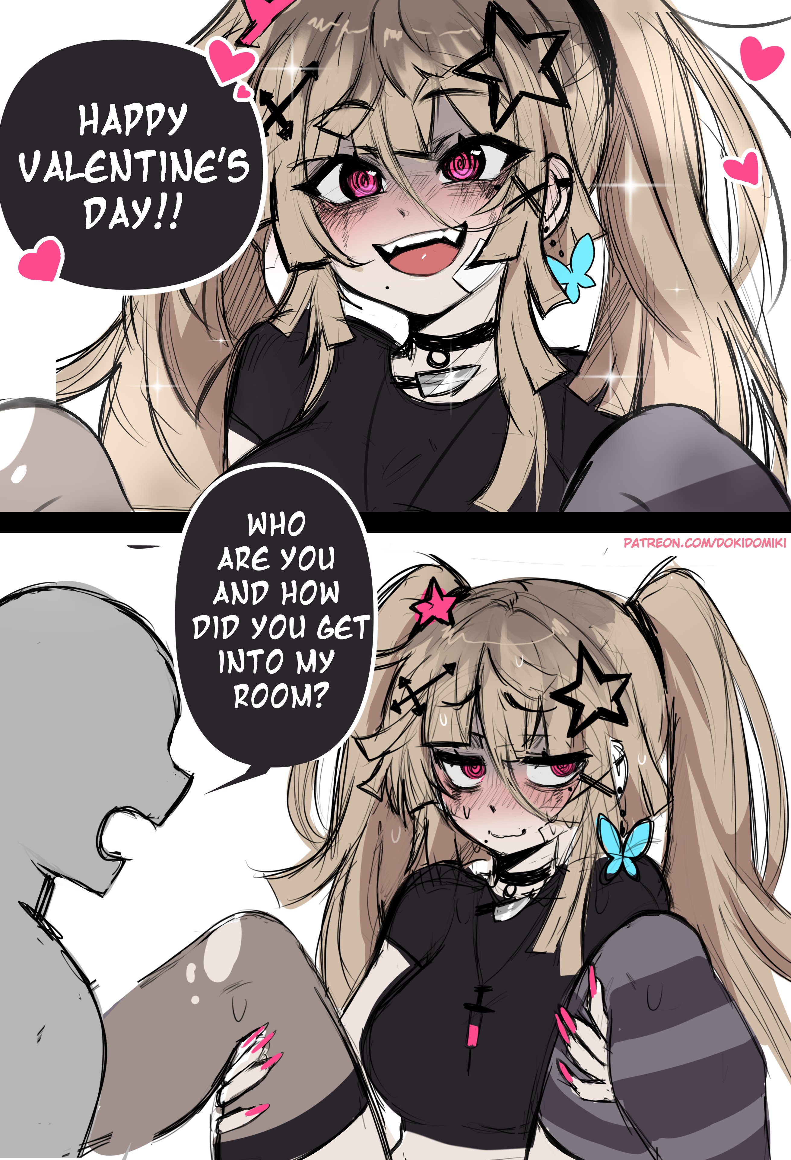 :d, 1boy, 1girl, 2koma, absurd res, artist name, blonde hair, blush, choker, comic, cross, dokidomiki, hetero, highres, holding legs, miki (dokidomiki), original, original character, pentagram, simple background, sweat, teeth, white background, wholesome