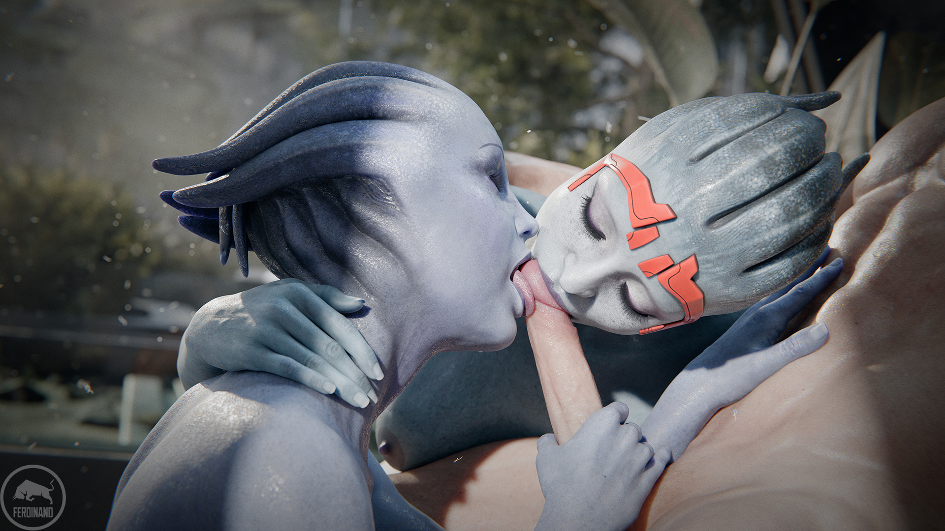 1boy, 2girls, 3d, alien girl, asari, blender, blowjob, blue body, blue skin, ferdinand (artist), kissing penis, liara t'soni, mass effect, samara, sucking