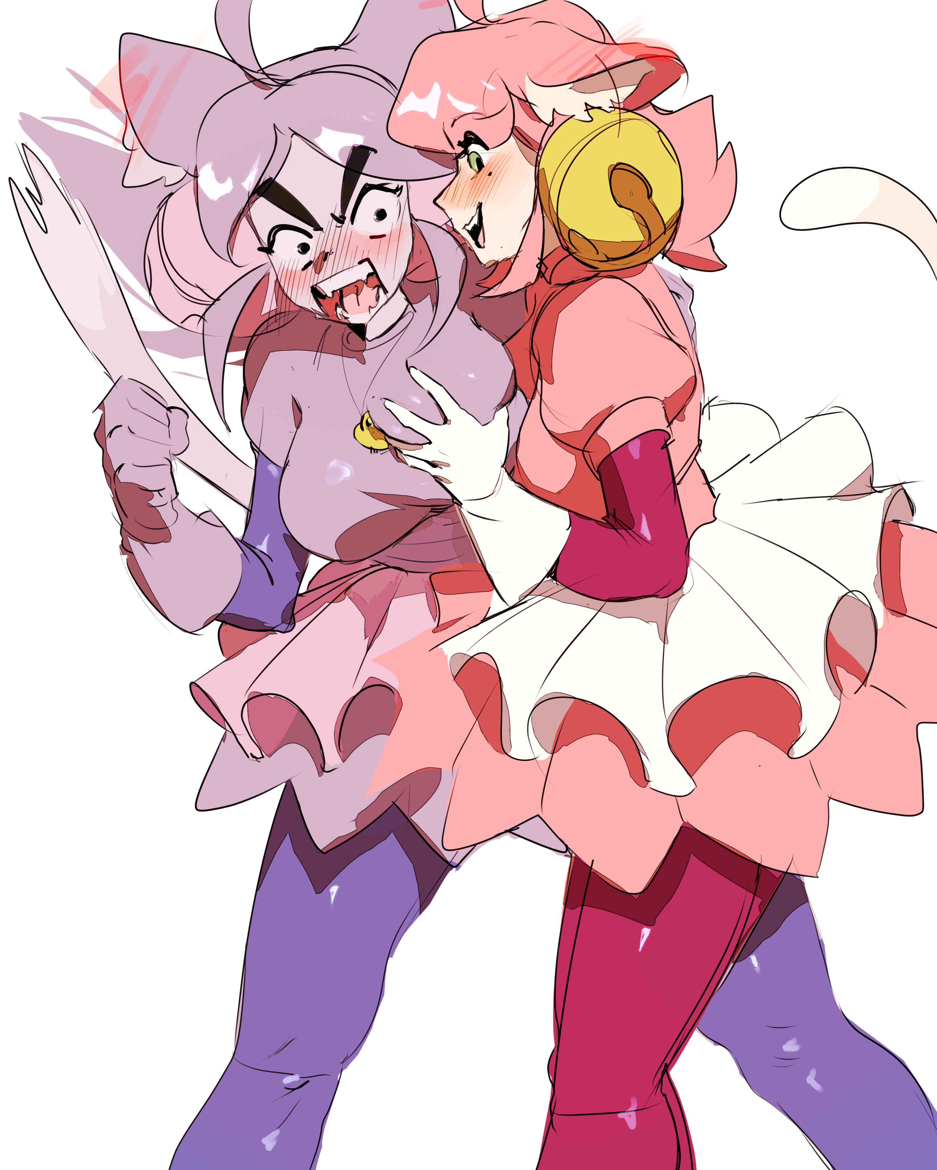 2girls, big breasts, cat ears, cat tail, catgirl, deltarune, deltarune chapter 5, dual persona, female, lesbian, mad dummy, mad mew mew, pink (deltarune), touching breast, undertale, yuri