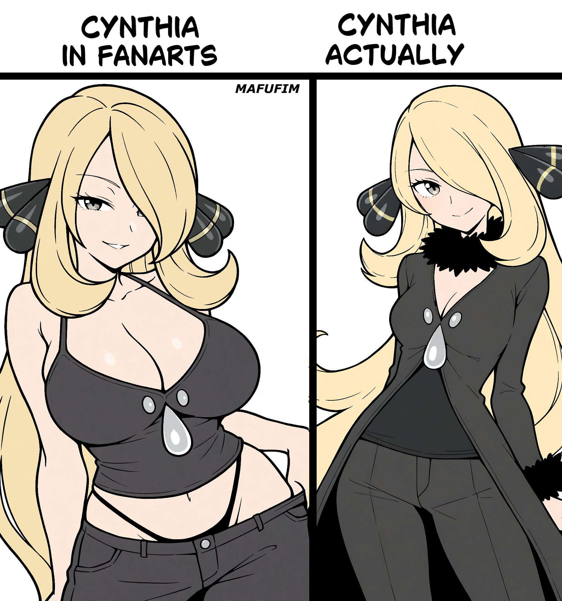 1girl, 2koma, alternate breast size (larger), arms at sides, artist name, bare shoulders, big breasts, black coat, black panties, black pants, black shirt, blonde hair, breasts, busty, canon vs fanon (meme), cleavage, coat, collarbone, comic, commentary, cowboy shot, crop top, curvy, cynthia (pokemon), english text, fur collar, fur trim, fur-trimmed coat, fur-trimmed sleeves, game freak, grey eyes, hair ornament, hair over one eye, halterneck, highleg, highleg panties, highres, large breasts, light smile, long hair, mafufim, meme, midriff, narrow waist, navel, nintendo, panties, pants, pokemon, pokemon diamond/pearl/platinum, pokemon dppt, seductive smile, shirt, skinny, small breasts, smile, spaghetti strap, thong, underwear, untranslatable commentary, very long hair, whale tail