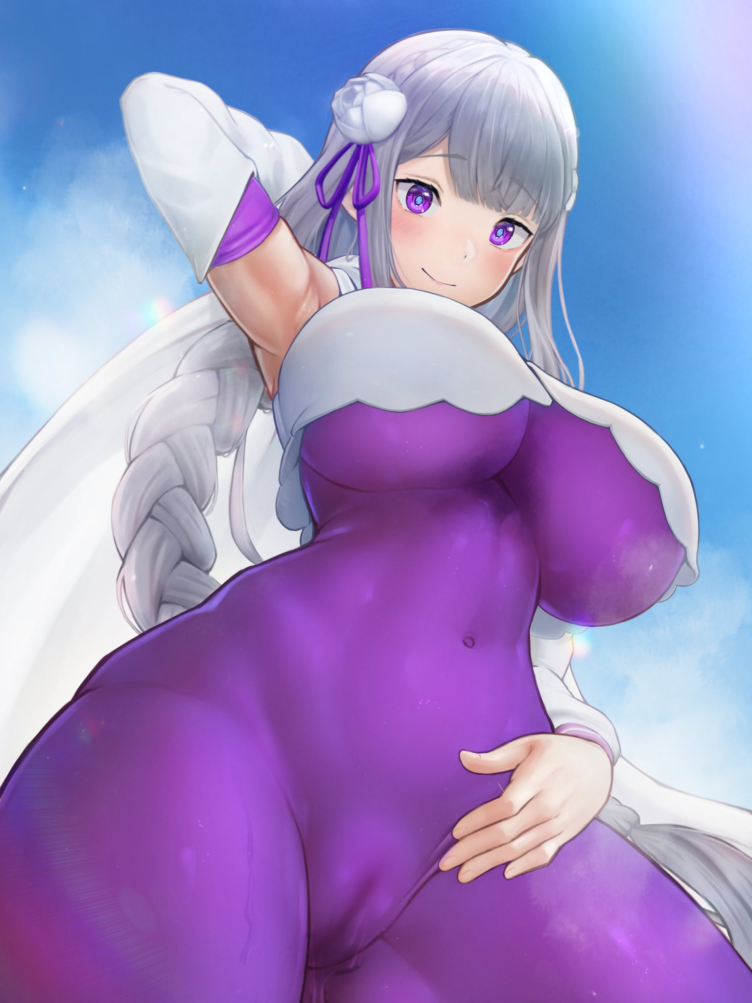 1girls, armpits, belly, bodysuit, braided hair, breasts apart, cameltoe, elf, elf ears, elf female, emilia (re:zero), hips, huge breasts, looking at viewer, low-angle view, noperori, peroperoperori, purple eyes, pussy, re:zero kara hajimeru isekai seikatsu, silver hair, skin tight suit, solo, thick thighs, underboob