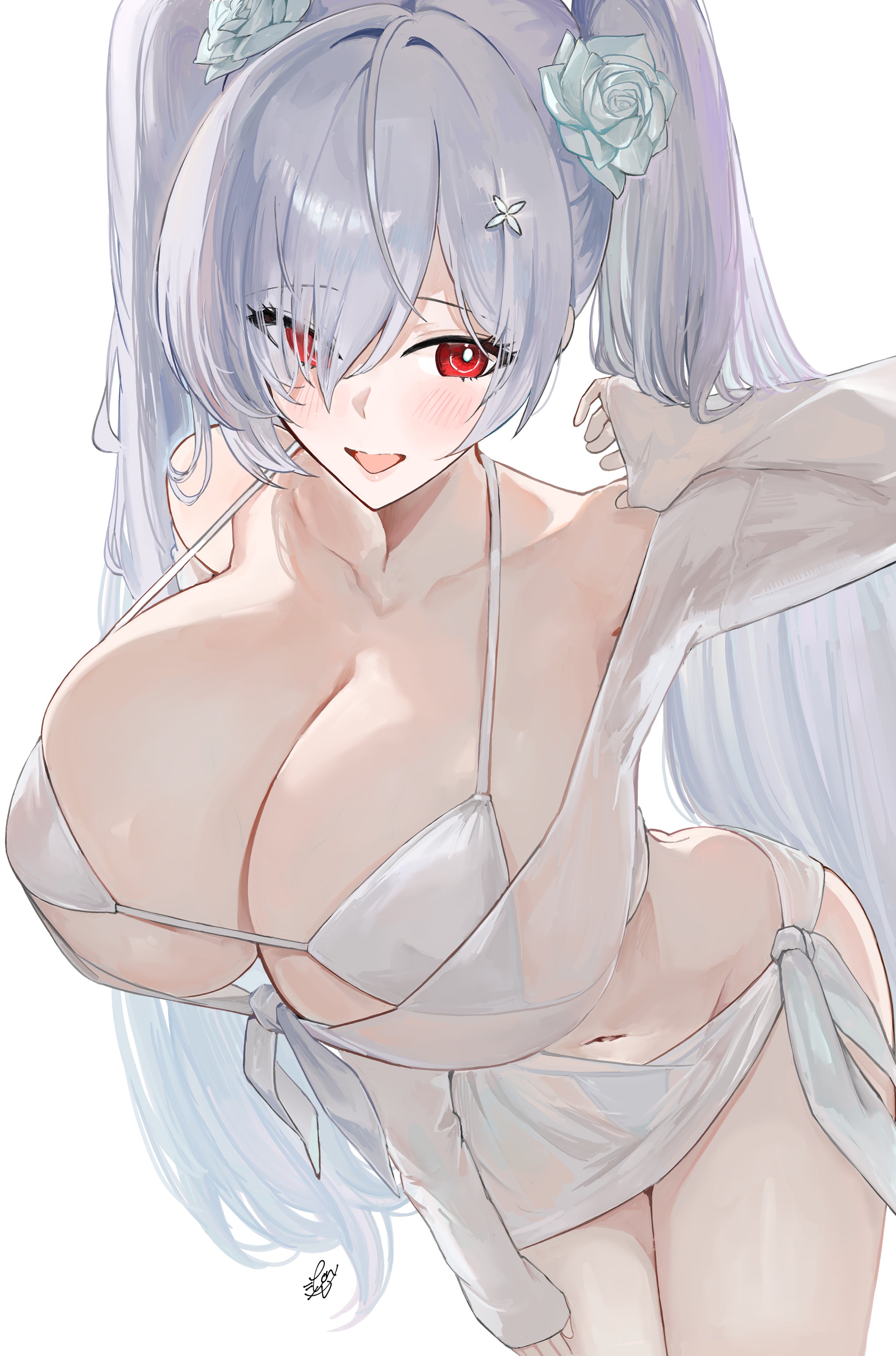 1girl, absurdres, aqua flower, aqua rose, bikini, breasts, bright pupils, cinderella (crystal wave) (nikke), cinderella (nikke), collarbone, female, female only, flower, goddess of victory: nikke, grey hair, hair flower, hair ornament, hair over one eye, highres, kajuu, large breasts, navel, official alternate costume, one eye covered, open mouth, red eyes, ringed eyes, rose, sarong, shirt, simple background, smile, solo, swimsuit, tied shirt, twintails, white background, white bikini, white pupils, white sarong