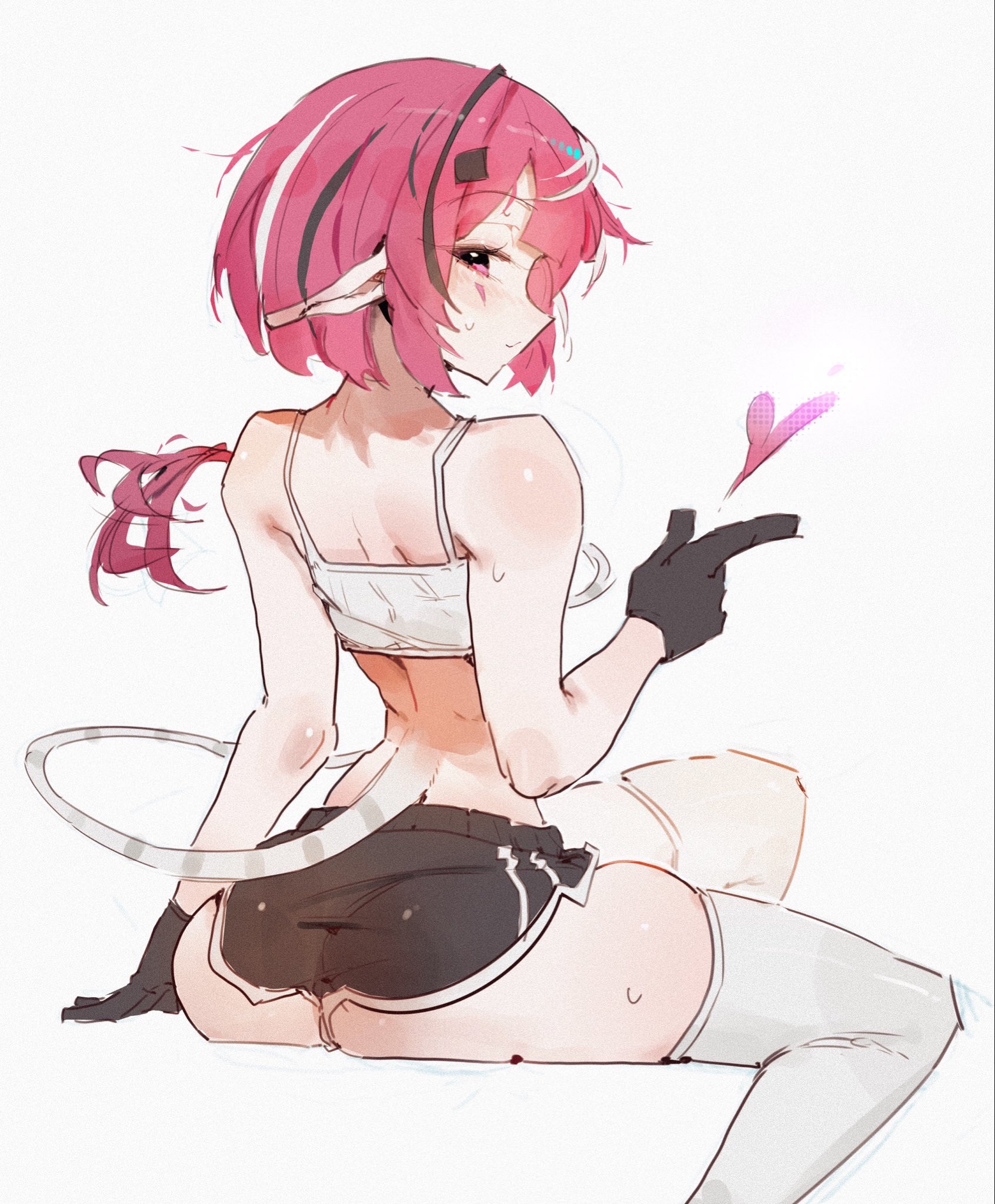 1girl, 1girls, ass, back, black gloves, black shorts, black streaks, camila (vtuber), camisole, dolphin shorts, facial mark, female, from behind, gloves, highres, imp, indie virtual youtuber, ip chort, looking back, multicolored hair, pink hair, pointy ears, purple eyes, short hair, shorts, solo, streaked hair, sweat, tail, thighhighs, thighs, triangle, triangle facial mark, virtual youtuber, white camisole, white streaks, white thighhighs