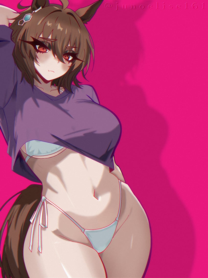 agnes tachyon (umamusume), bodyshot, bra, bra showing, brown hair, demi human, horse ears, horse girl, horse tail, junoelise, medium breasts, panties, red eyes, t shirt, teasing, thick thighs, thighs, umamusume, umamusume pretty derby, underwear, white panties