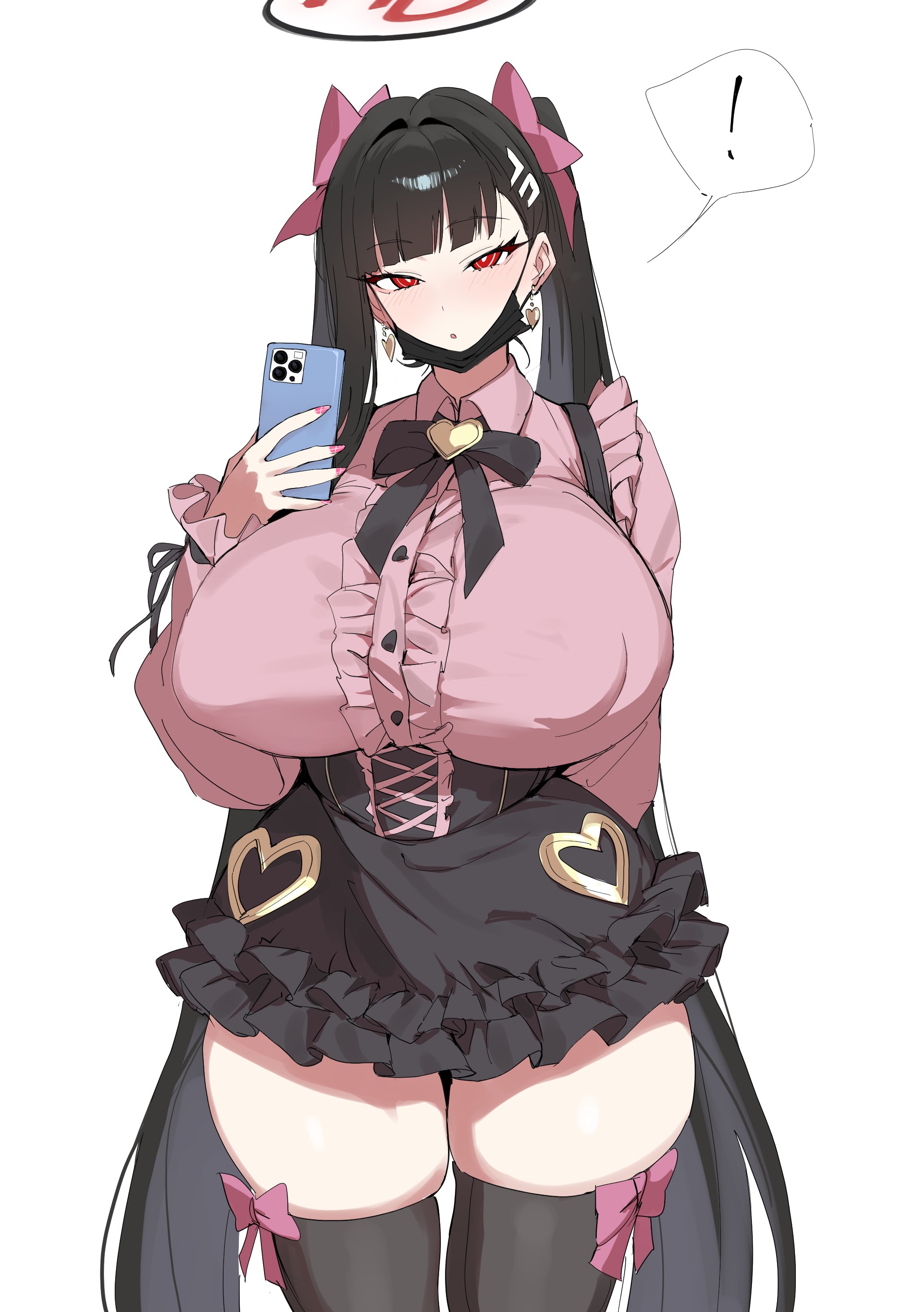 !, 1girl, 1girls, 2d, 2d (artwork), big breasts, black skirt, blush, blush lines, breasts, brown hair, cellphone, face mask, light skin, light-skinned female, phone, red eyes, rio (blue archive), seductive look, text bubble, xipa