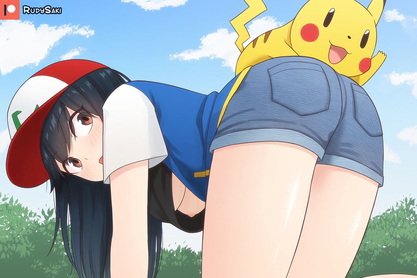 1girls, 2020s, 2022, adorable, ash ketchum, ass, bent over, black hair, blush, breasts, brown eyes, cap, cute, denim shorts, female, genderswap, genderswap (mtf), hat, kawaii, looking back, petite, pikachu, pinup, pokémon (species), pokemon, pokemon (species), rudy saki, rule 63, satoshi (pokemon), shirt up, short shorts, shorts, snapback, tomboy, underboob, younger female