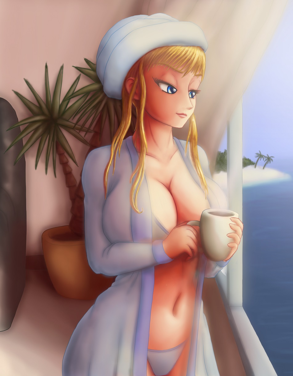 1girls alternate_breast_size beach_house blonde_hair blue_bra blue_eyes blue_panties breasts coffee_cup detailed_background female grabbing_from_behind grabbing_object half-closed_eyes head_tuft home huge_breasts inside lingerie looking_at_viewer looking_in_window metroid morning nintendo pale-skinned_female palm_tree pink_lipstick pinup plant saf-404 safartwoks safartworks samus_aran upper_body widescreen