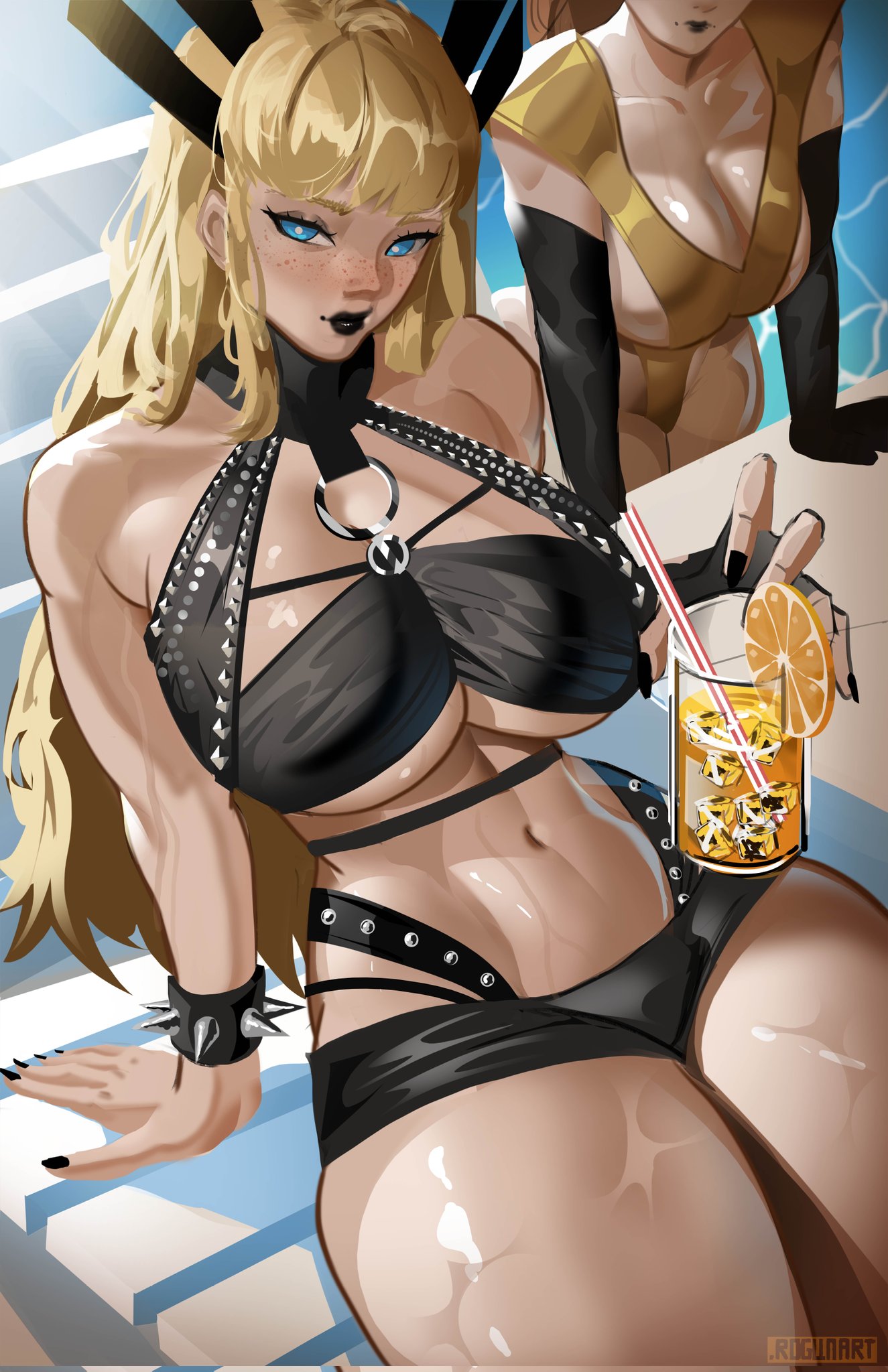 2026, 2d, 2girls, big breasts, black lipstick, blue eyes, clothed, faceless female, female, female only, fully clothed, juice, kitty pryde, lipstick, looking at viewer, magik (illyana rasputin), magik (marvel rivals), marvel, marvel comics, marvel rivals, pale skin, pale-skinned female, rogun, swimming pool, swimsuit, swimwear, tagme, thick thighs, watermark