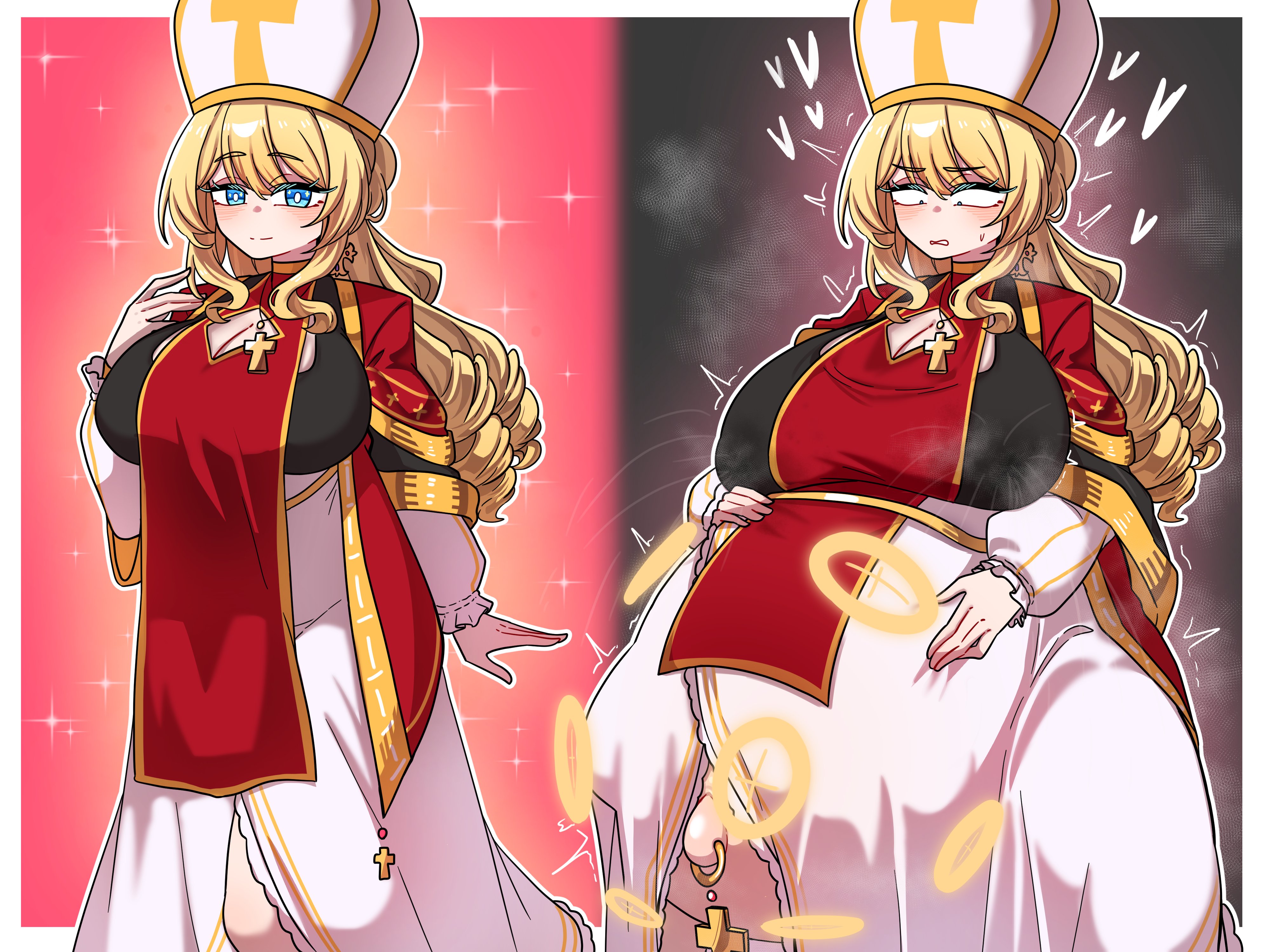 before and after, before and during pregnancy, belly, blue eyes, blush, closed mouth, constricted pupils, gigantic belly, halo, hand on belly, heart, huge breasts, hyper pregnancy, lactating, lactation through clothes, navel piercing, nipple bulge, outie navel, pregnant, pregnant belly, priestess, smile