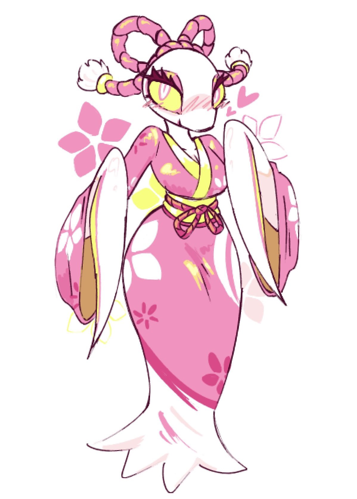 1girls, 2d, 2d artwork, 87 g0d, blush, blush lines, blushing, blushing at viewer, clothed, clothing, deltarune, deltarune chapter 5, female, female only, flower mantis, heart symbol, hearts around head, insect, insect girl, insect humanoid, looking at viewer, mantis, mantis (deltarune), mantis humanoid, pink clothing, slim thick, smile, smiling at viewer, tagme, white body, wide hips