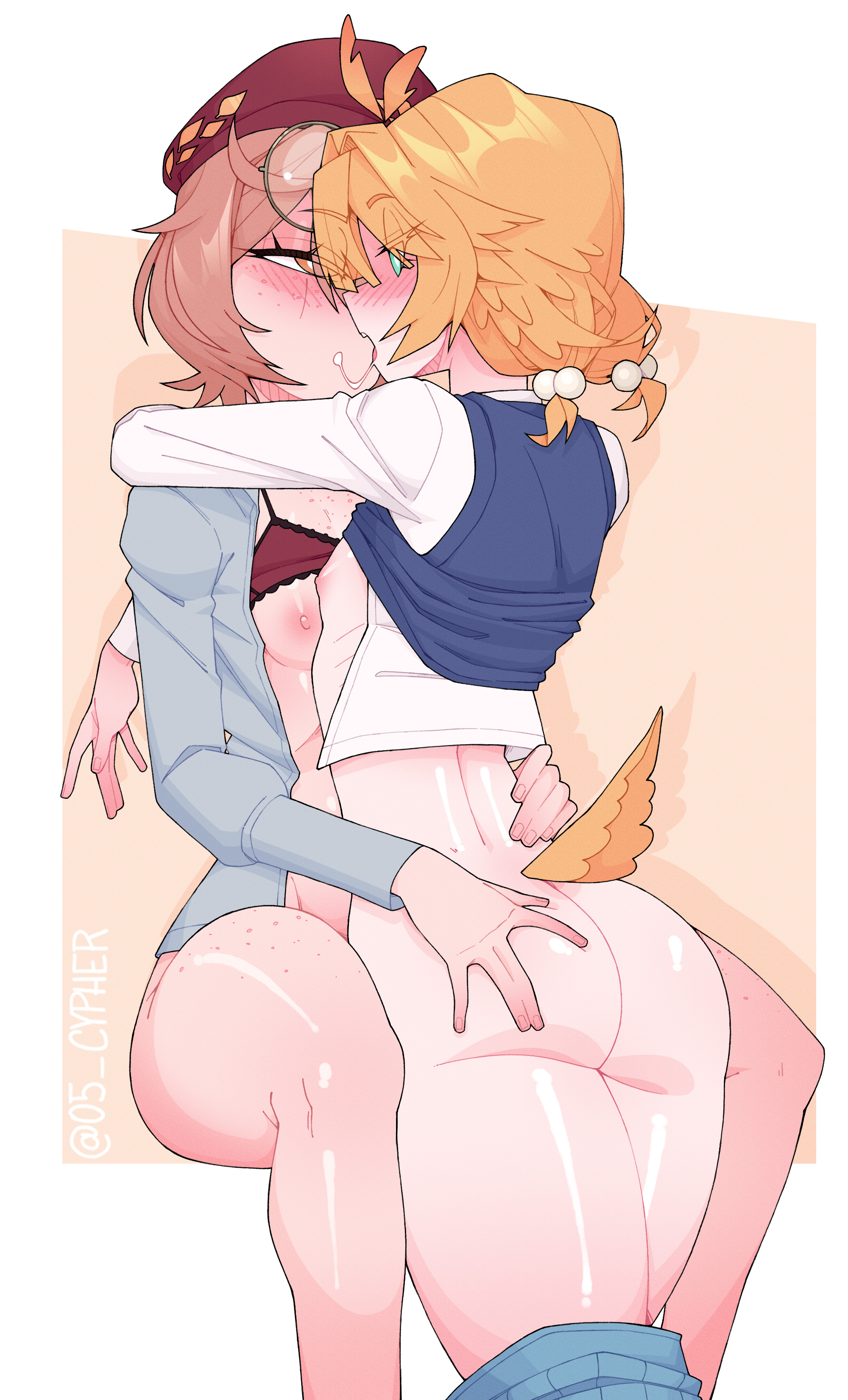 2girls, absurdres, ahoge, arms around neck, ass grab, bird tail, blonde hair, blush, body freckles, bra pulled up, breasts, brown eyes, brown hair, clio aite, commentary, cypher 05, dokibird, dokibird (school outfit), feather tail, freckles, grabbing another's ass, green eyes, groping, head wings, highres, indie virtual youtuber, kiss, long sleeves, multiple girls, phase connect, scar, scar on face, shirt open, short hair, skirt around thighs, small breasts, tail, tail feathers, top pulled up, virtual youtuber, vtuber, yuri