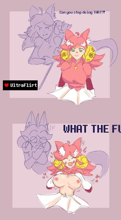 2girls big_breasts blush breasts breasts_out deltarune dual_persona embarrassed english_text flashing flashing_breasts ghost green_eyes lifted_by_self lifting_shirt mad_dummy mad_mew_mew nipples pink_hair text tits tits_out undertale undertale_(series)